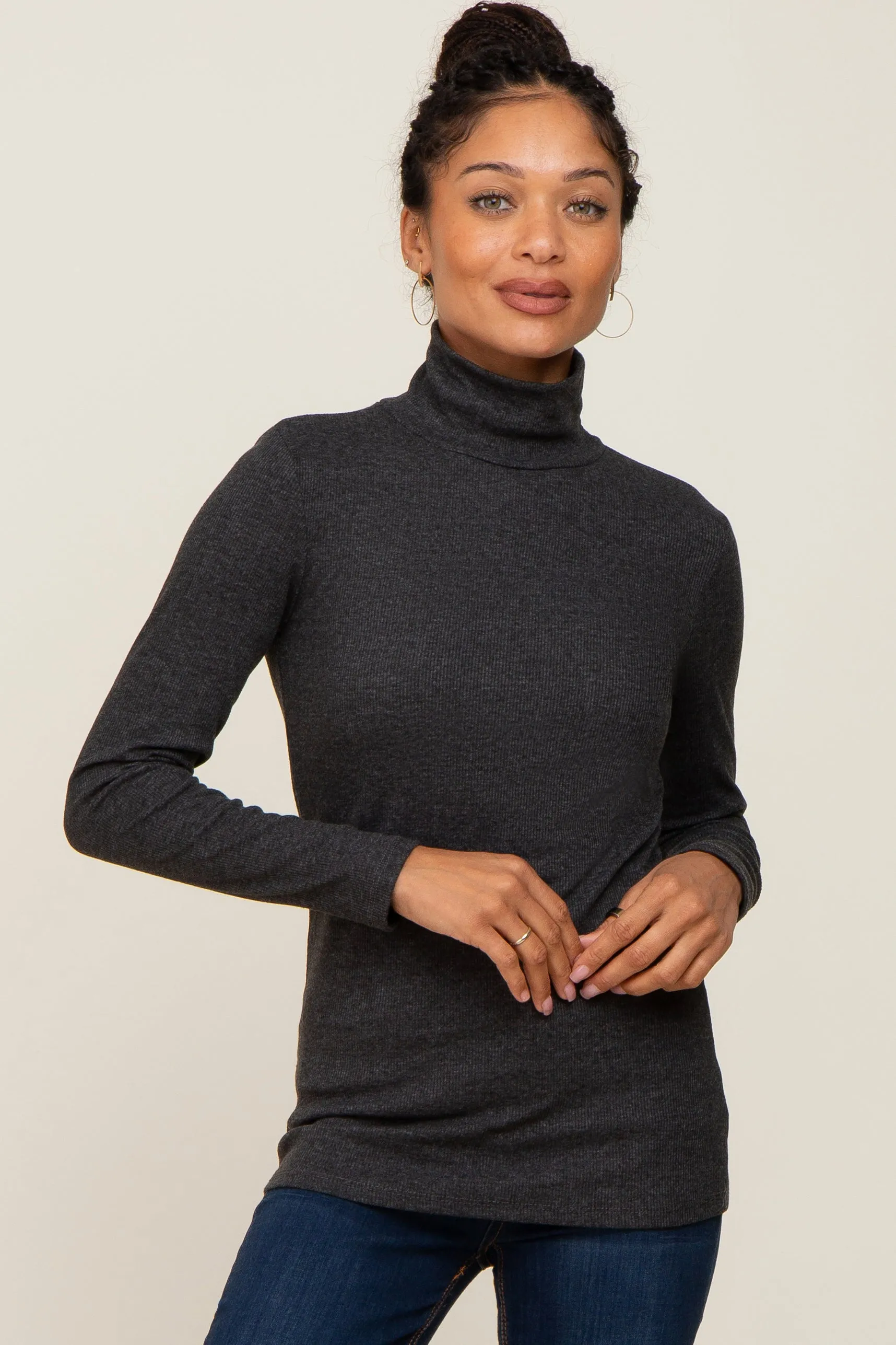 Charcoal Heathered Ribbed Mock Neck Long Sleeve Maternity Top sold by Pinkblush product image thumbnail 5