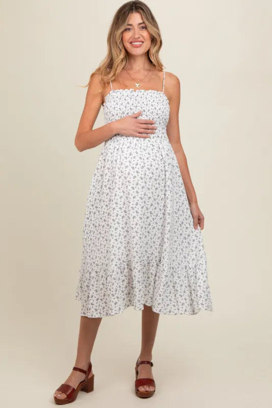 White Floral Smocked Sleeveless Maternity Midi Dress sold by Pinkblush