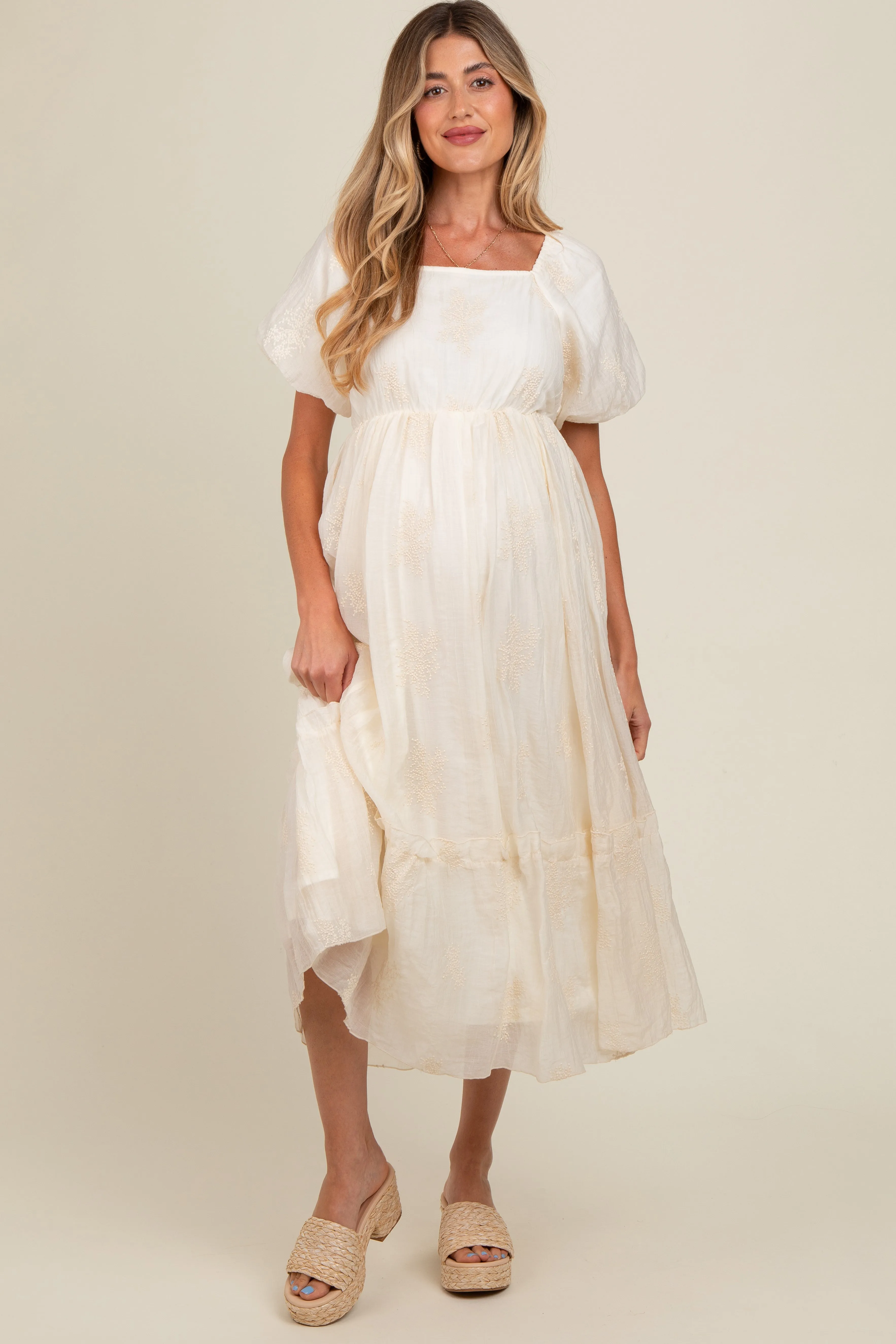 Cream Floral Print Ruffle Hem Maternity Midi Dress sold by Pinkblush product image thumbnail 3