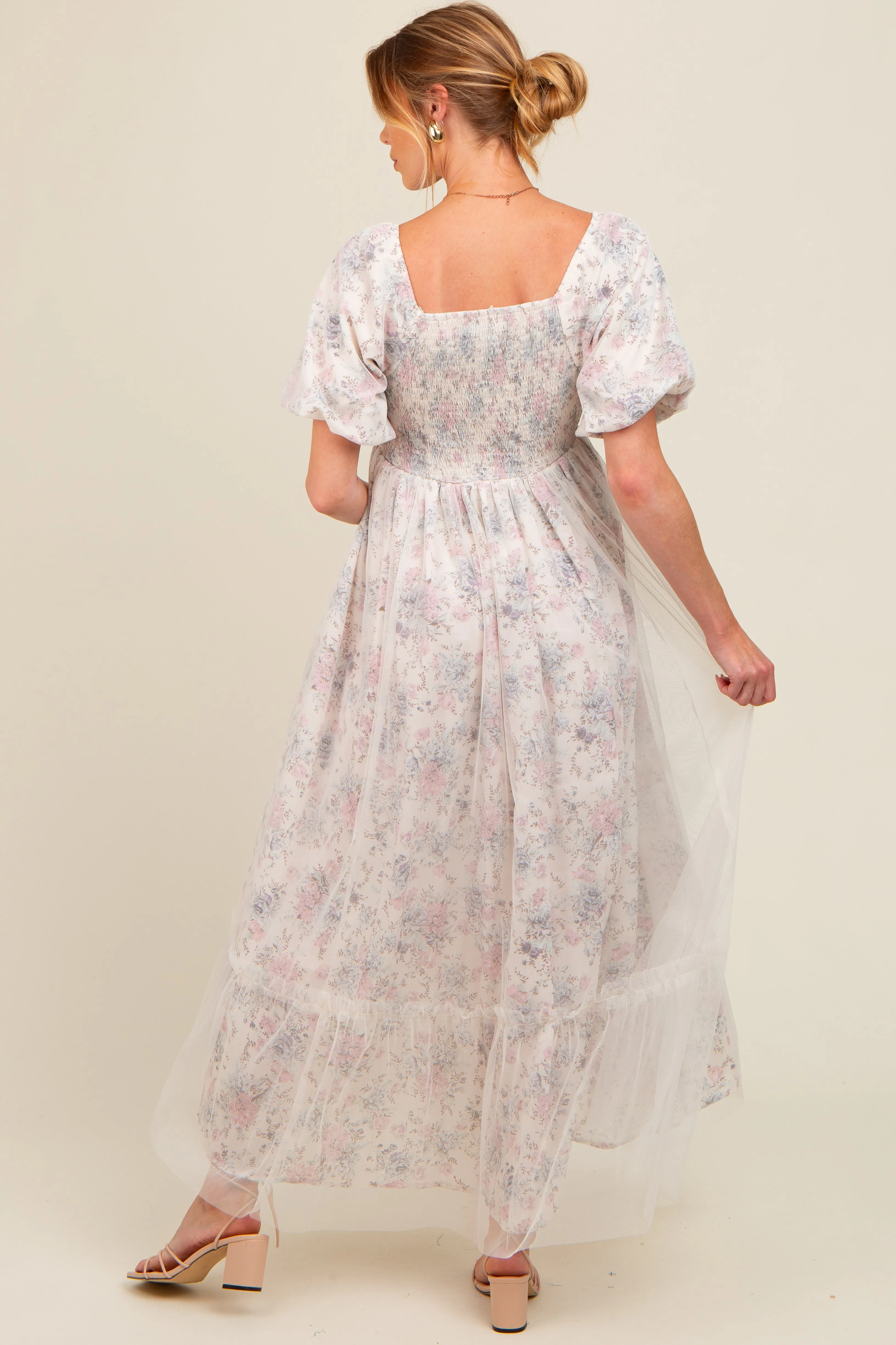 Ivory Floral Mesh Overlay Maternity Maxi Dress sold by Pinkblush product image thumbnail 3