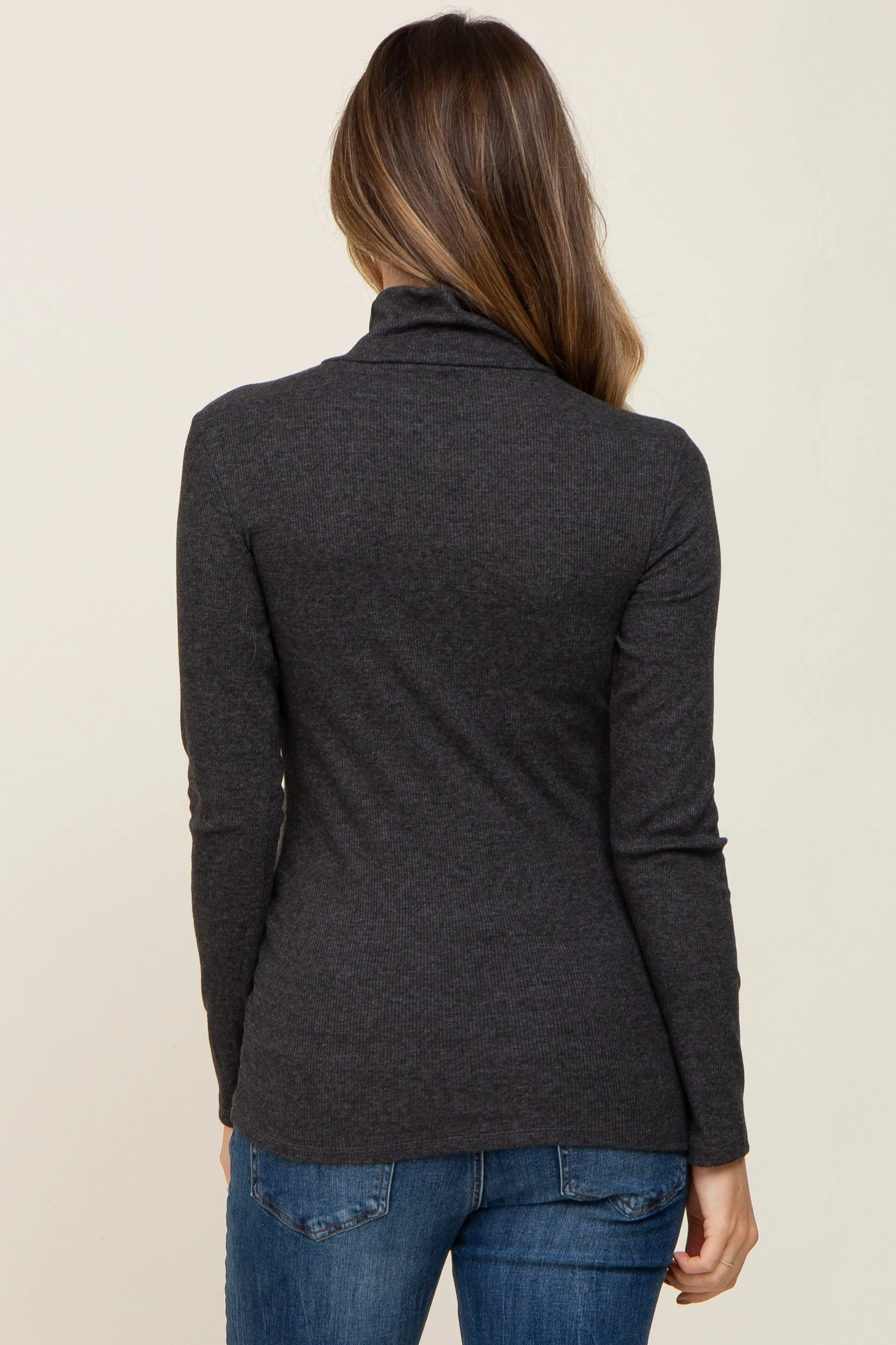 Charcoal Heathered Ribbed Mock Neck Long Sleeve Maternity Top sold by Pinkblush product image thumbnail 3