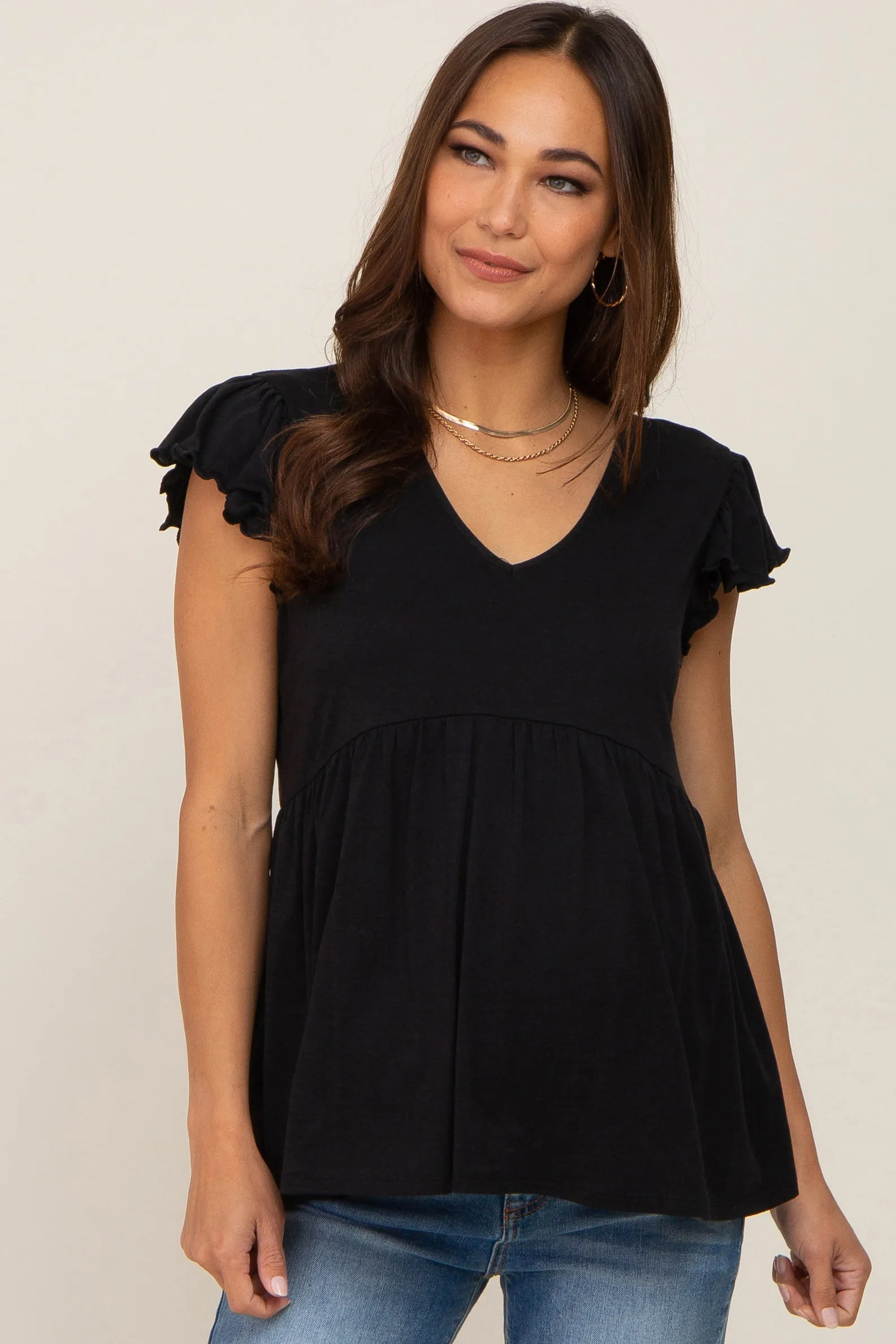 Black Flutter Sleeve V-Neck Maternity Top sold by Pinkblush
