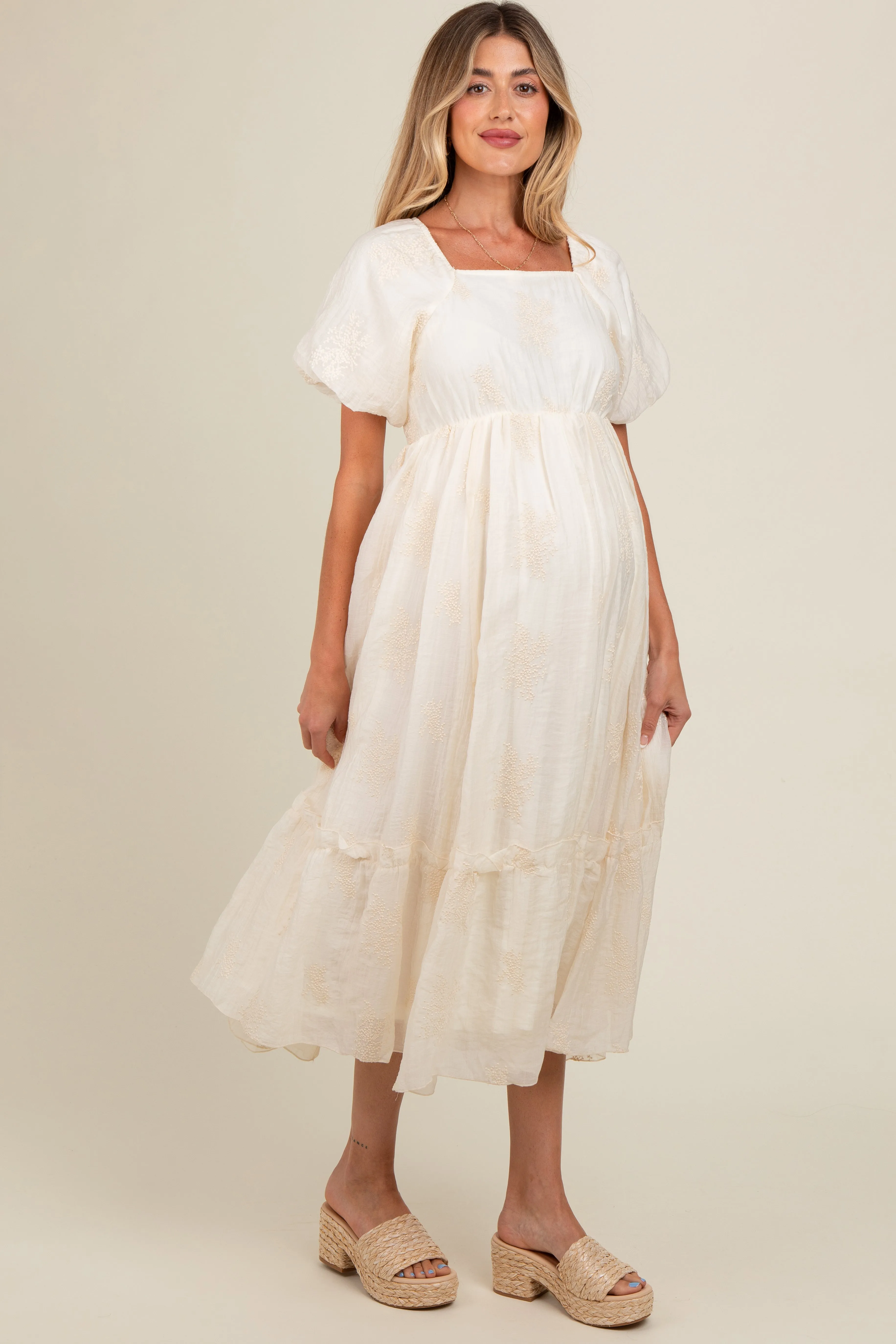 Cream Floral Print Ruffle Hem Maternity Midi Dress sold by Pinkblush product image thumbnail 4