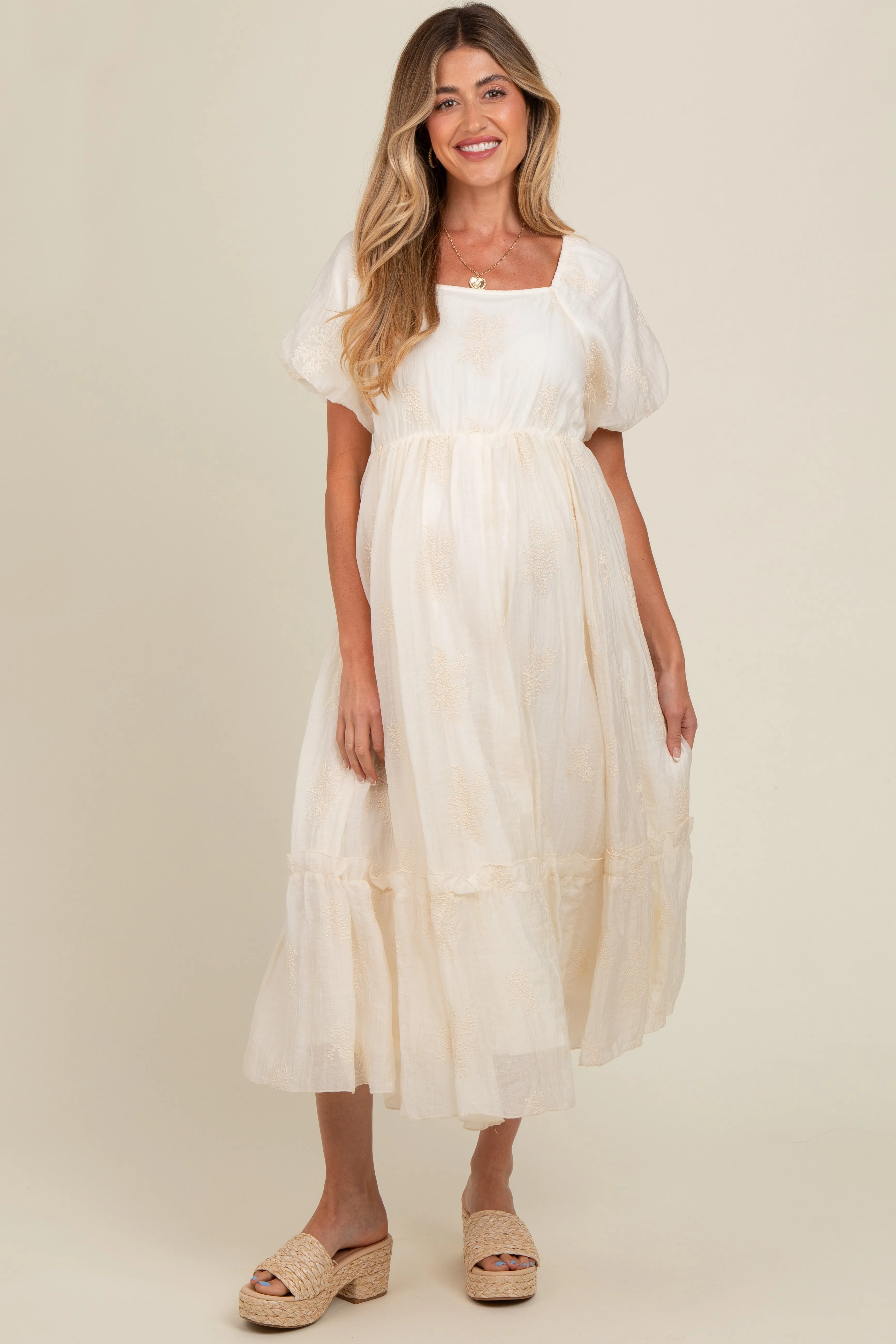 Cream Floral Print Ruffle Hem Maternity Midi Dress sold by Pinkblush