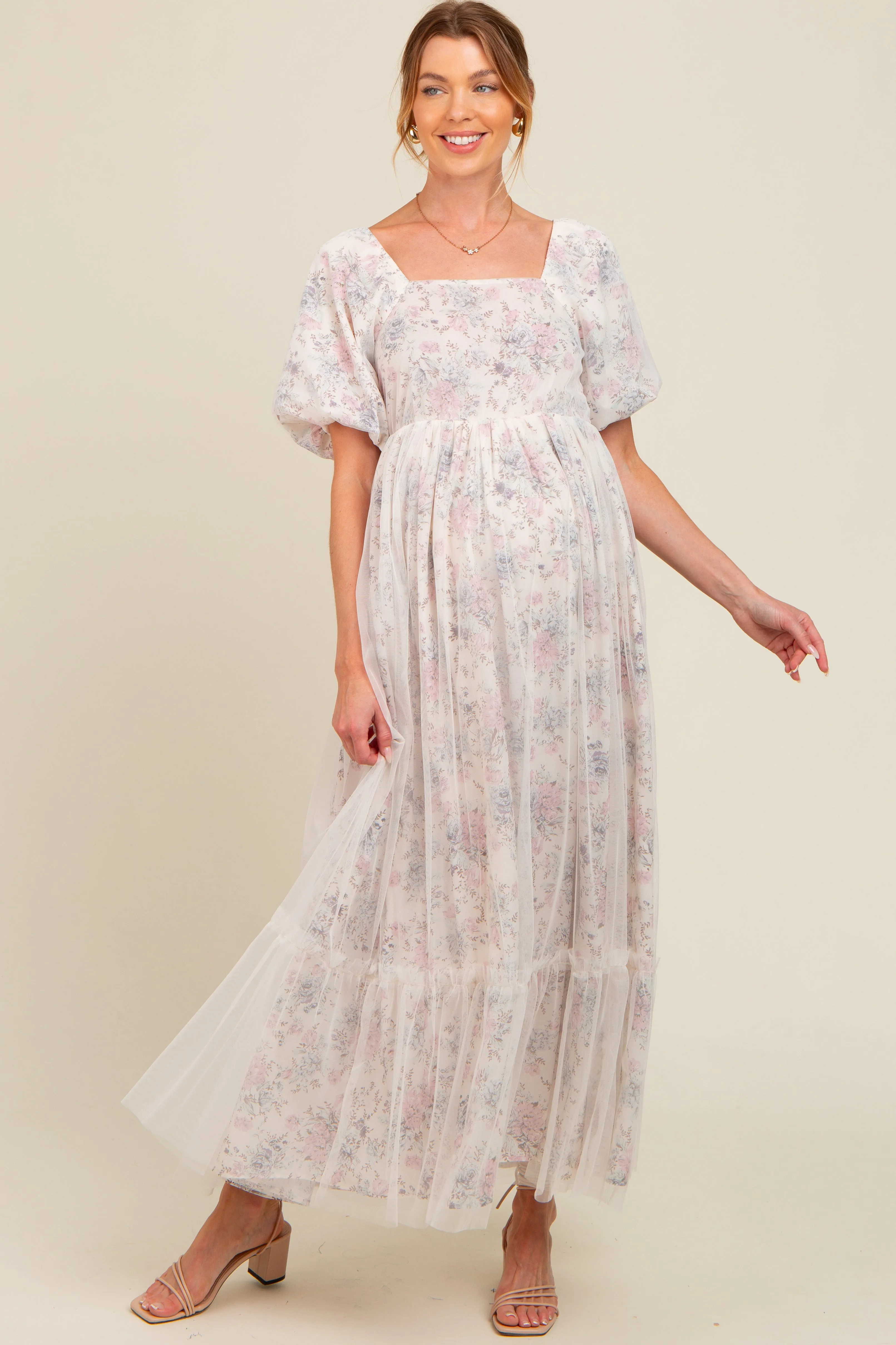 Ivory Floral Mesh Overlay Maternity Maxi Dress sold by Pinkblush