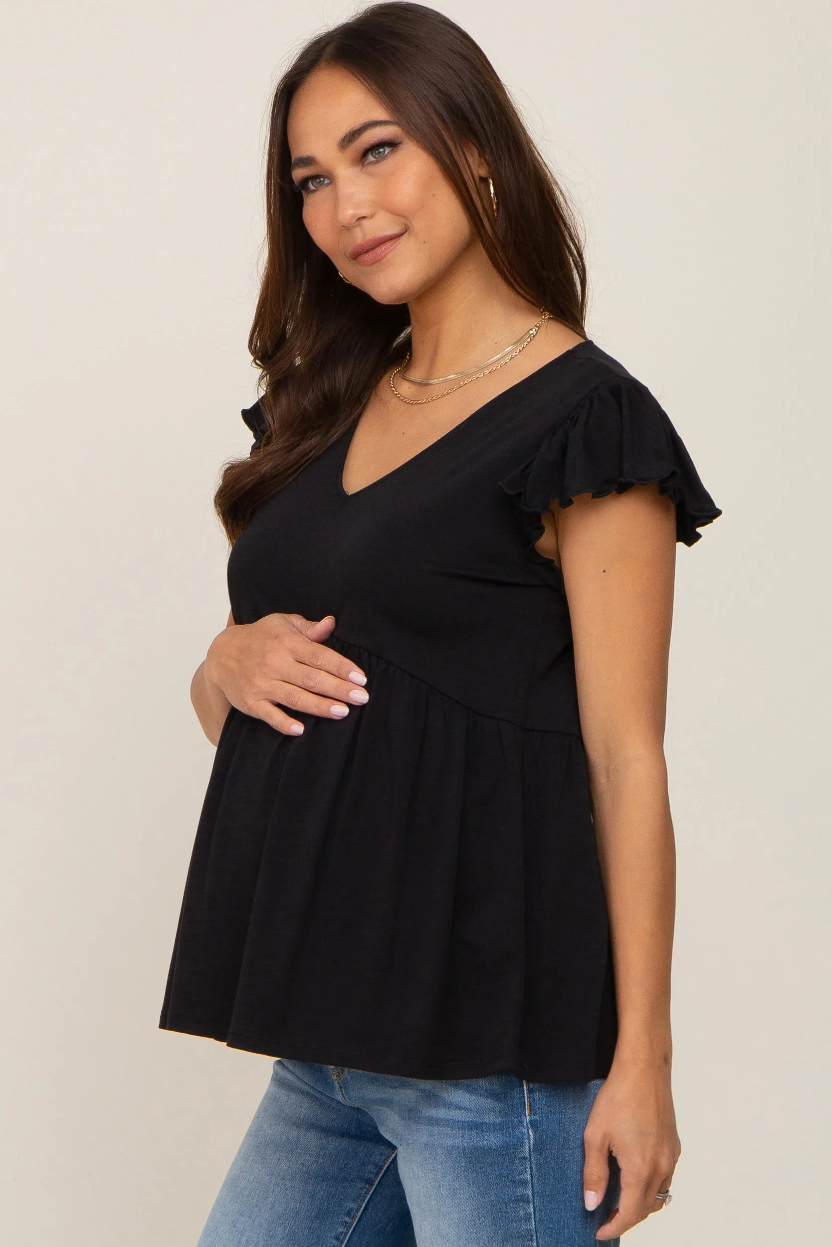Black Flutter Sleeve V-Neck Maternity Top sold by Pinkblush product image thumbnail 2