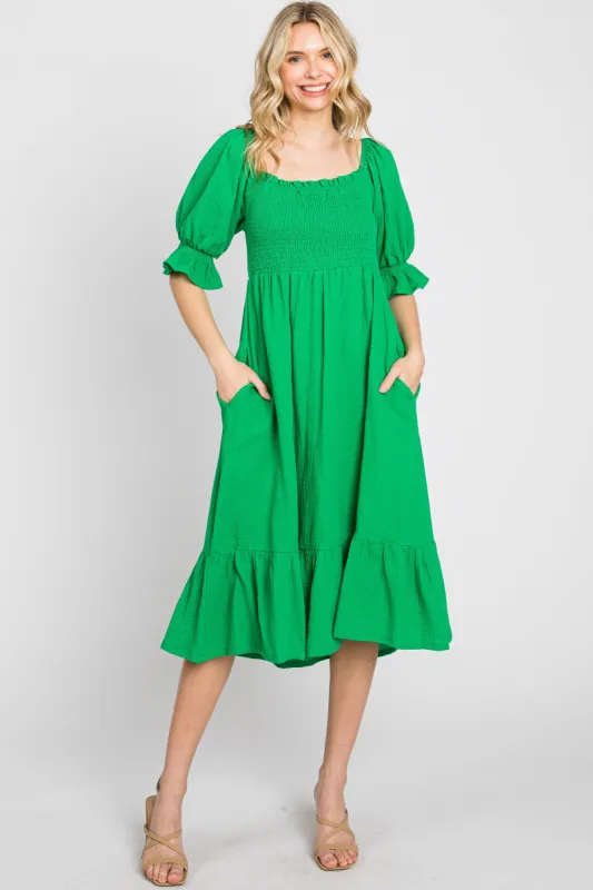 Green Smocked Puff Sleeve Ruffe Hem Midi Dress sold by Pinkblush