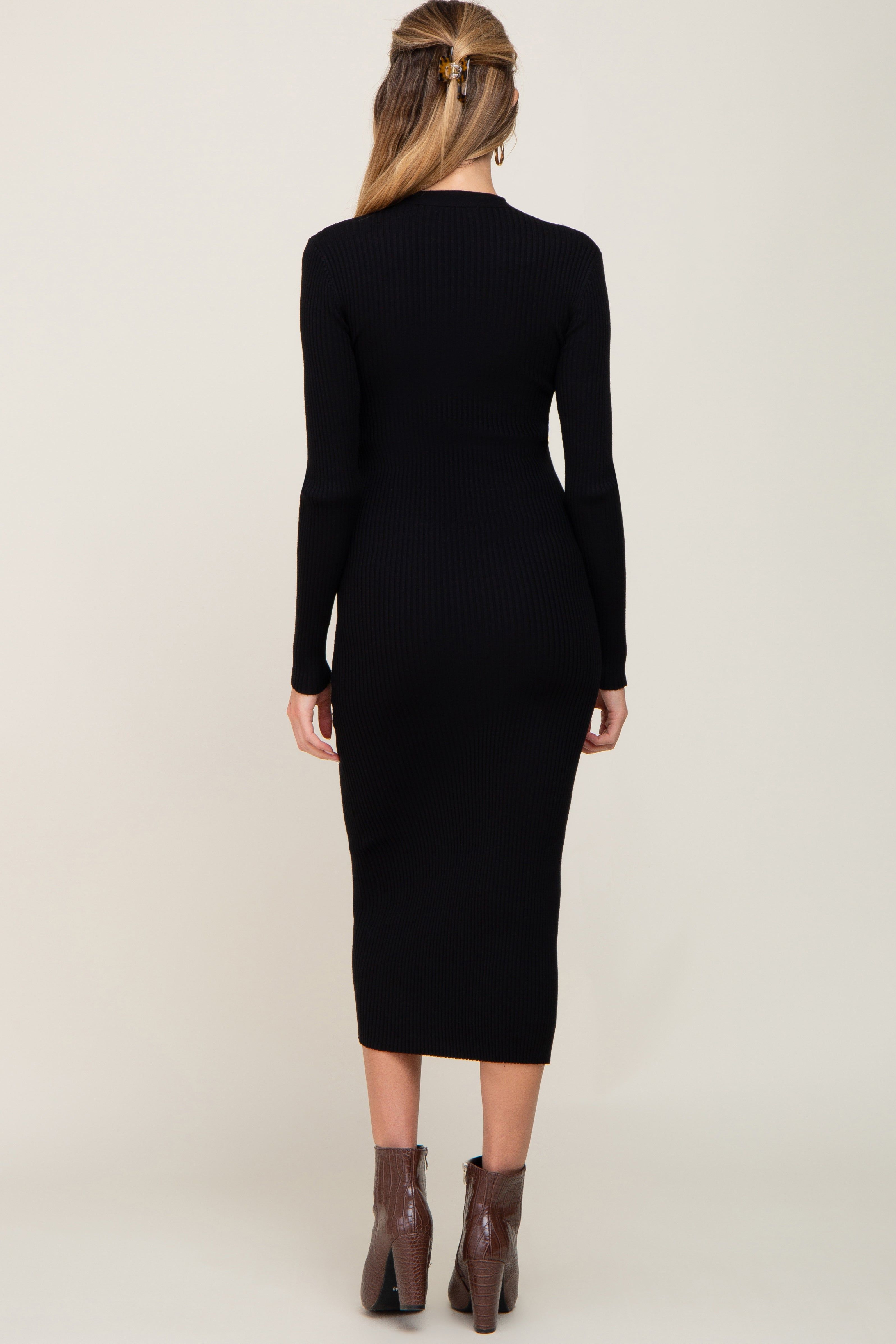 Black Ribbed Button Front Long Sleeve Maternity Dress sold by Pinkblush product image thumbnail 3
