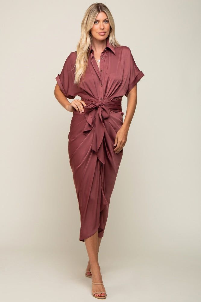 Mauve Satin Button Down Gathered Midi Dress sold by Pinkblush product image thumbnail 4