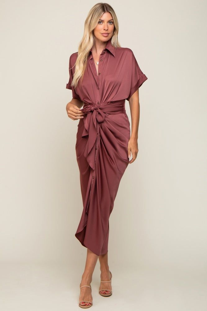 Mauve Satin Button Down Gathered Midi Dress sold by Pinkblush