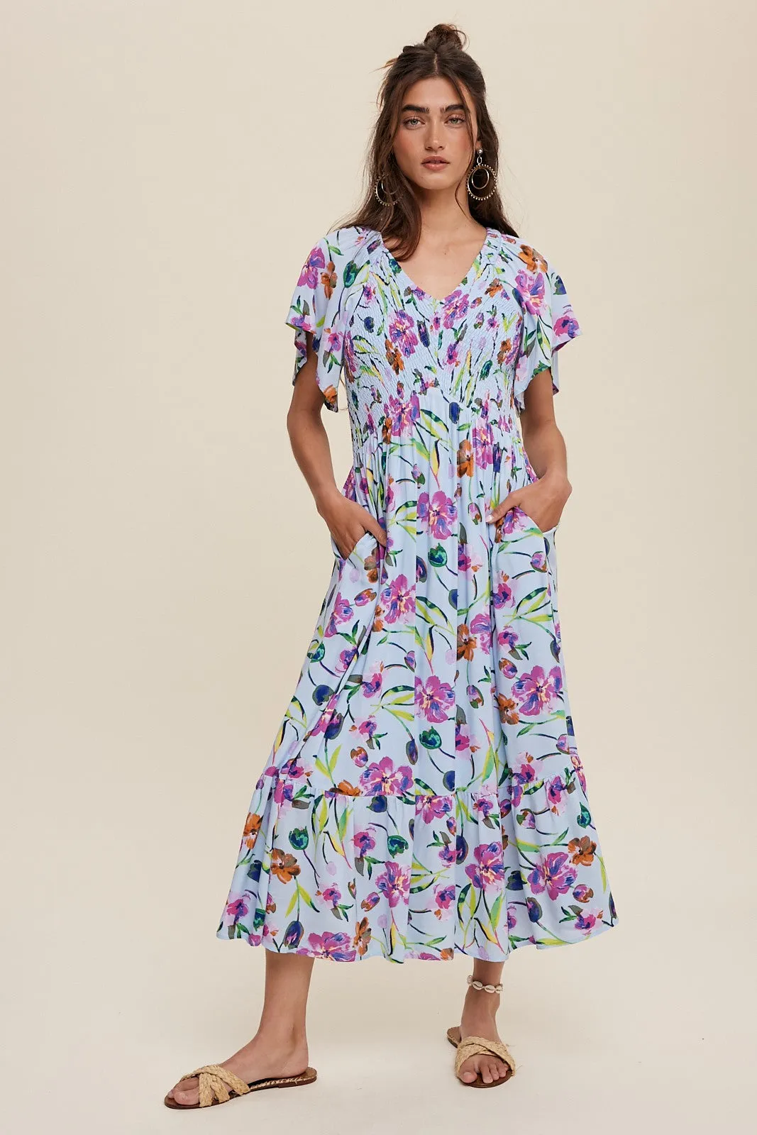 Light Blue Floral Flutter Sleeve Smocked Maternity Midi Dress sold by Pinkblush product image thumbnail 4