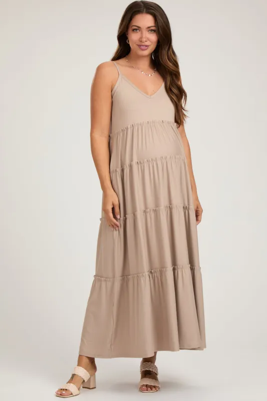 Taupe Tiered Sleeveless Maternity Maxi Dress sold by Pinkblush