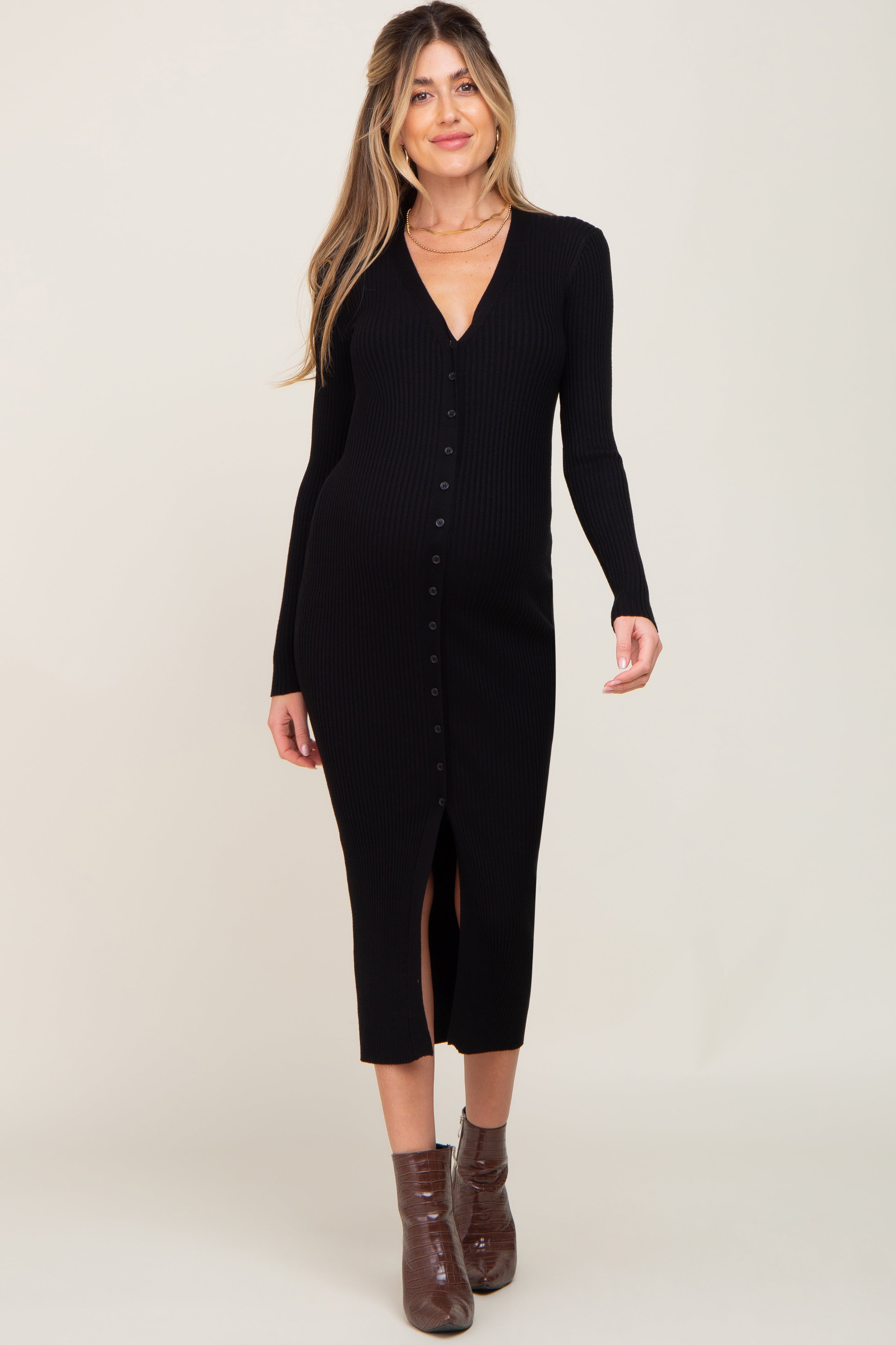Black Ribbed Button Front Long Sleeve Maternity Dress sold by Pinkblush product image thumbnail 4