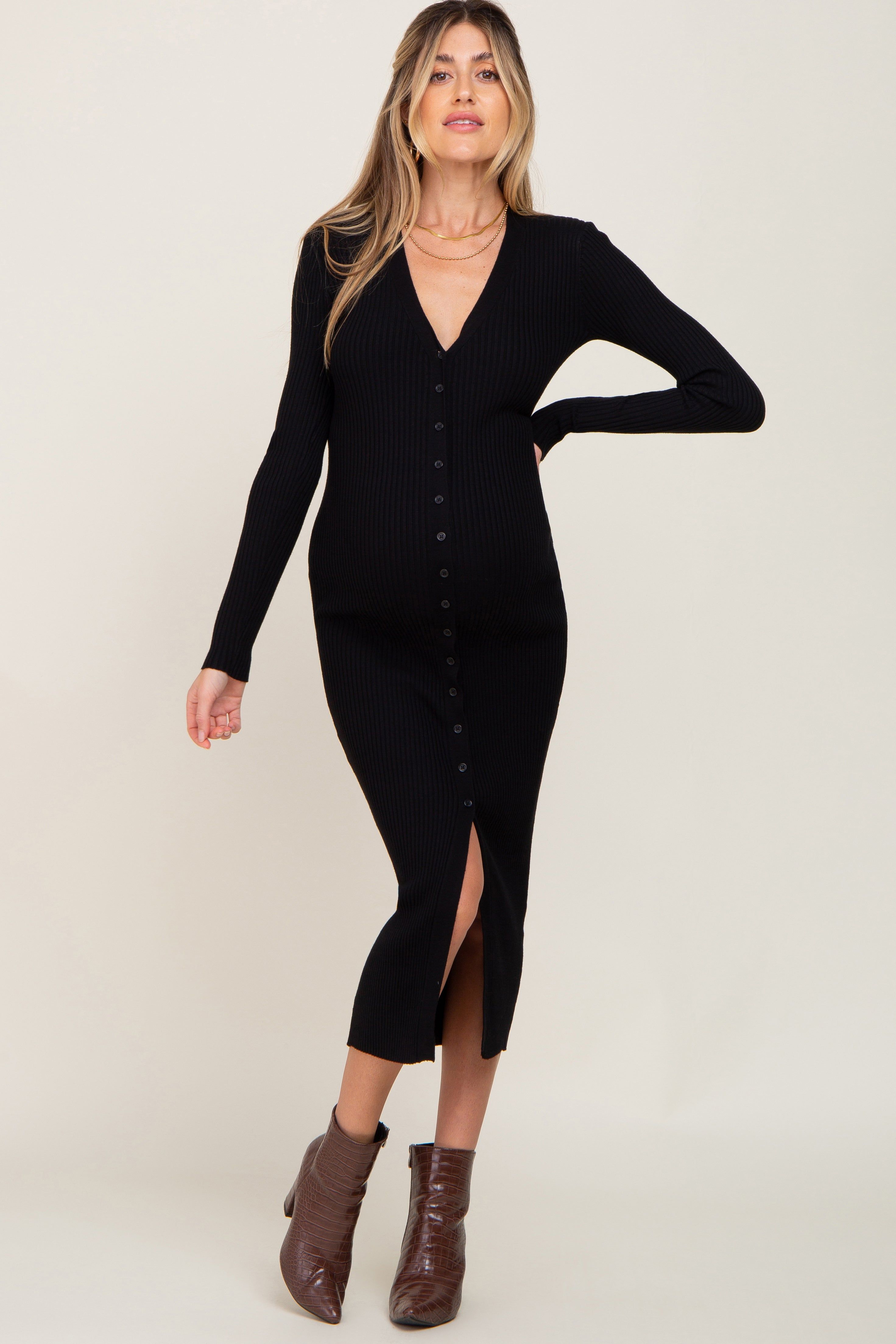 Black Ribbed Button Front Long Sleeve Maternity Dress sold by Pinkblush