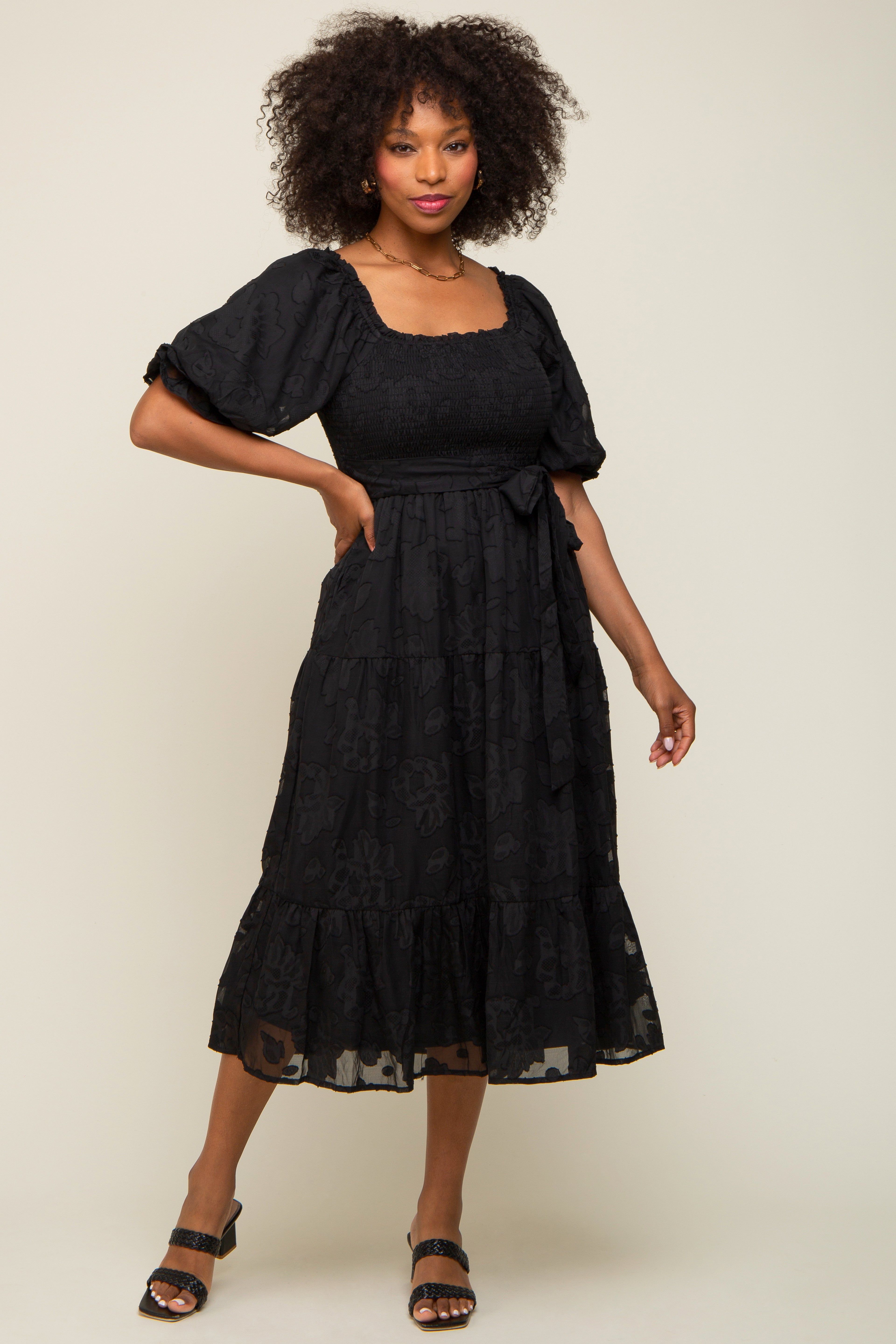 Black Floral Textured Tiered Midi Dress sold by Pinkblush product image thumbnail 4