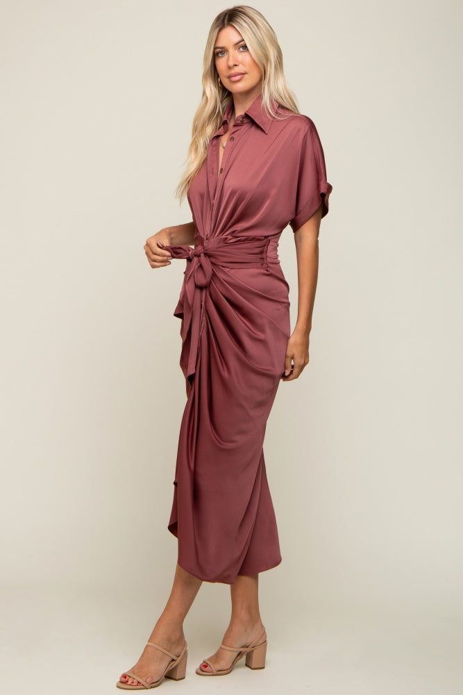 Mauve Satin Button Down Gathered Midi Dress sold by Pinkblush product image thumbnail 2