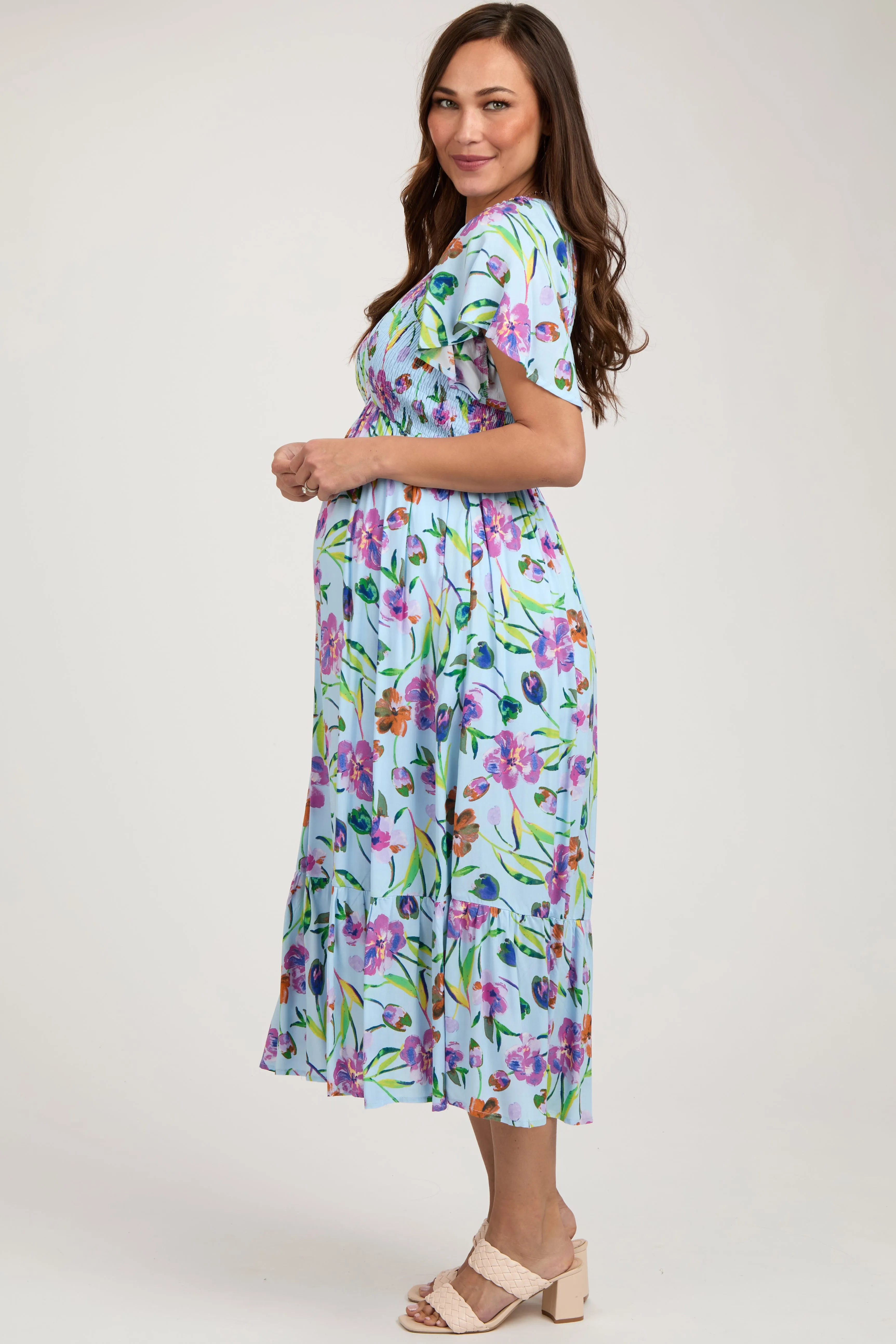 Light Blue Floral Flutter Sleeve Smocked Maternity Midi Dress sold by Pinkblush product image thumbnail 2