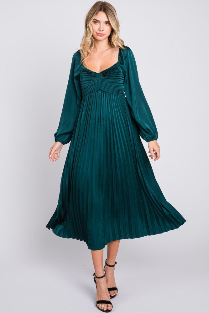 Forest Green Sweetheart Pleated Long Sleeve Midi Dress sold by Pinkblush