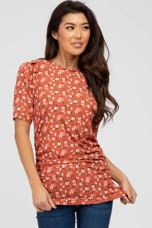 Rust Floral Ruched Ribbed Top sold by Pinkblush