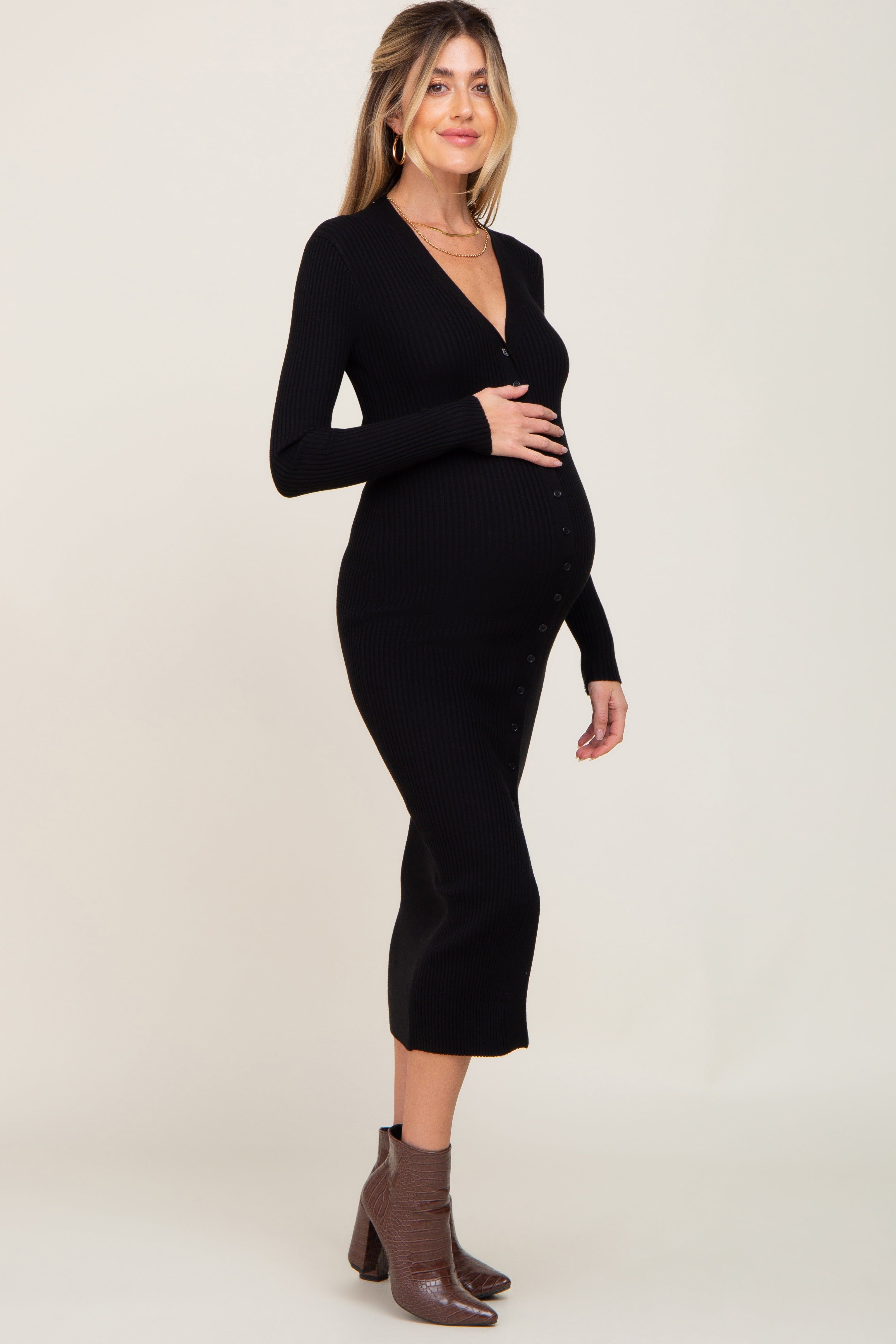 Black Ribbed Button Front Long Sleeve Maternity Dress sold by Pinkblush product image thumbnail 2