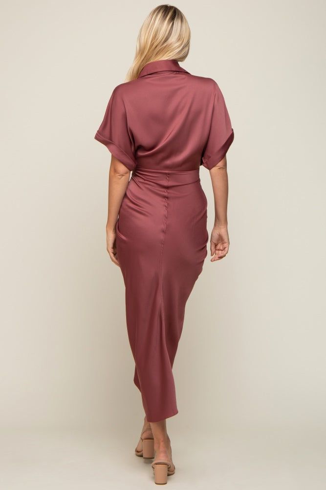 Mauve Satin Button Down Gathered Midi Dress sold by Pinkblush product image thumbnail 3