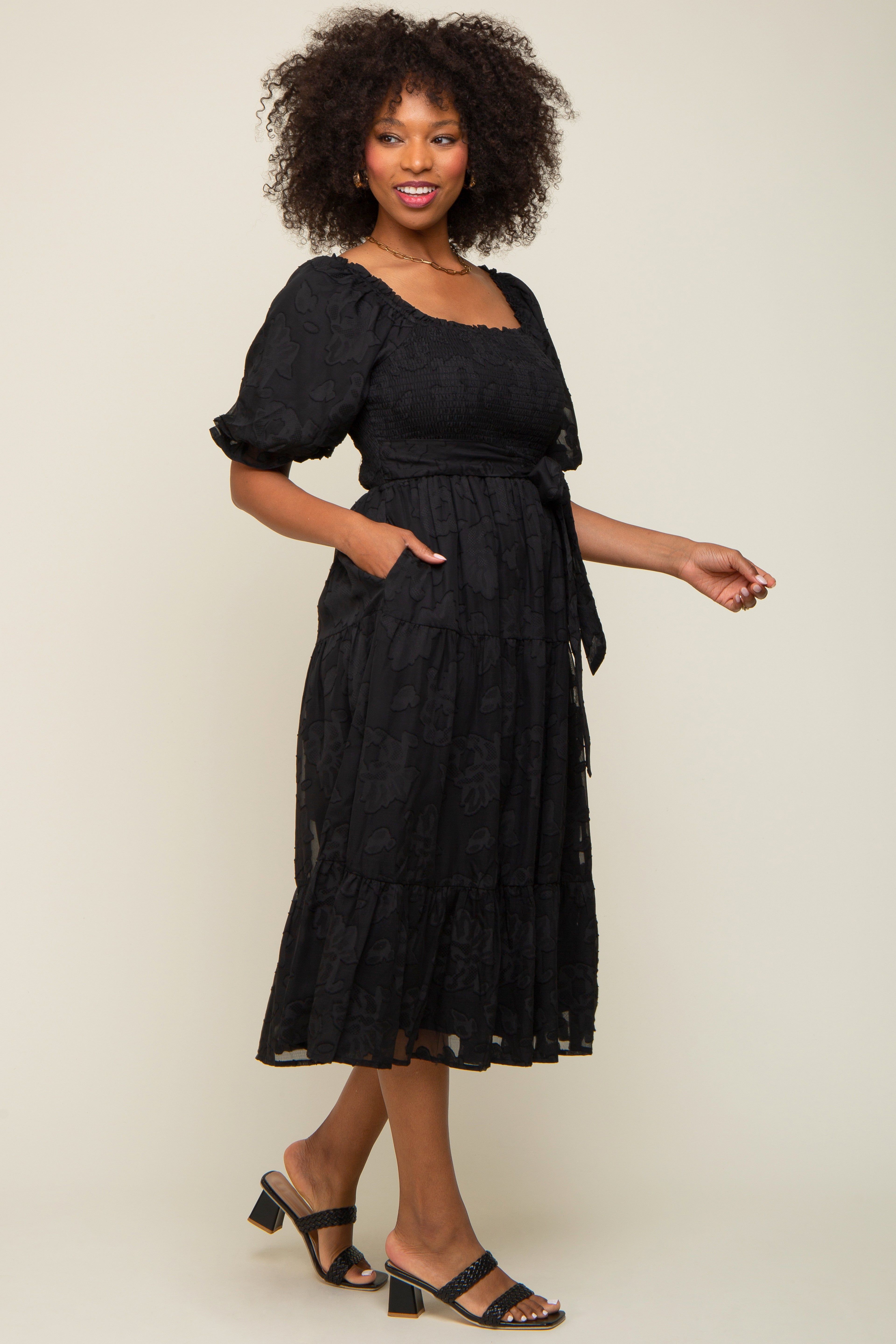 Black Floral Textured Tiered Midi Dress sold by Pinkblush product image thumbnail 2