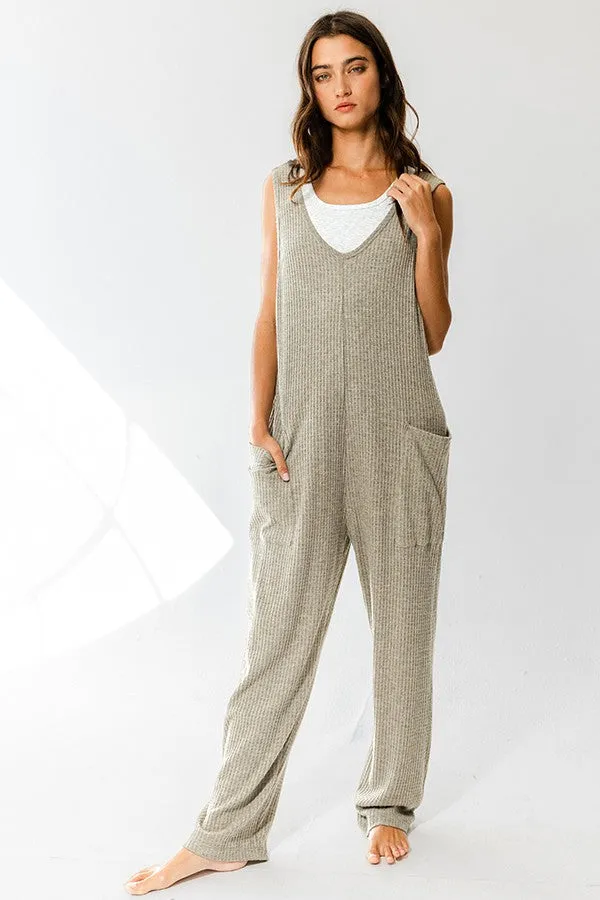Olive Oversize Tank Textured Knit Jumpsuit With Pockets sold by Pinkblush