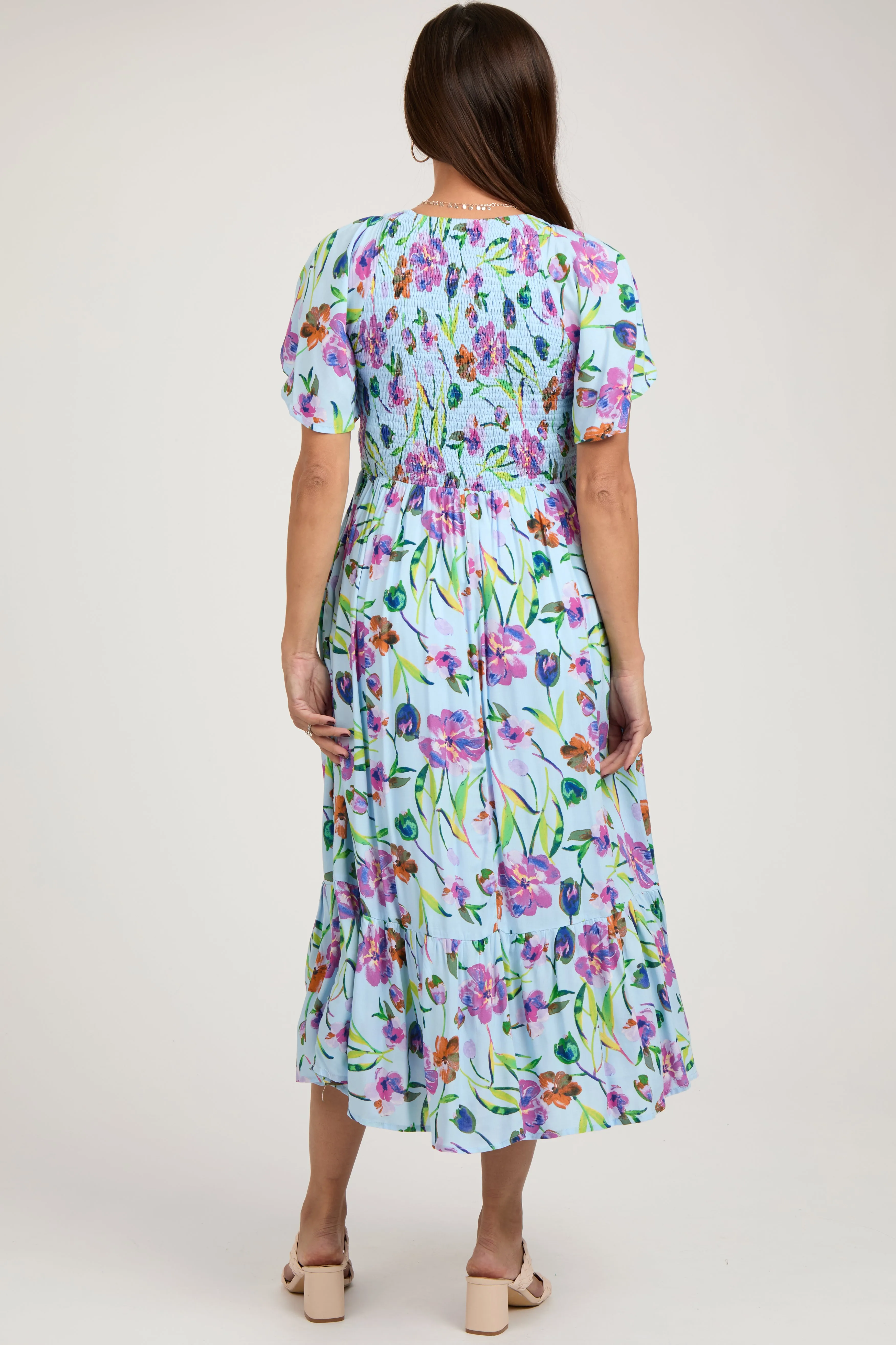 Light Blue Floral Flutter Sleeve Smocked Maternity Midi Dress sold by Pinkblush product image thumbnail 3