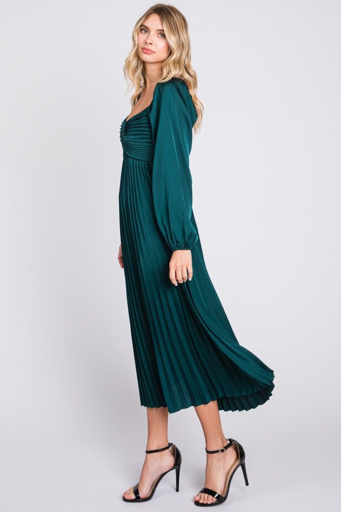 Forest Green Sweetheart Pleated Long Sleeve Midi Dress sold by Pinkblush product image thumbnail 2