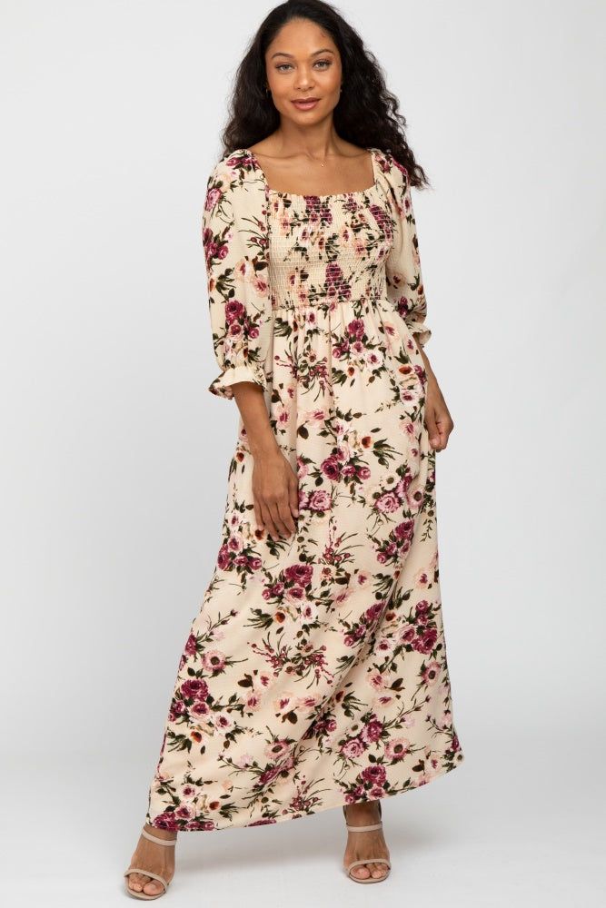 Ivory Floral Smocked Bust Maxi Dress sold by Pinkblush