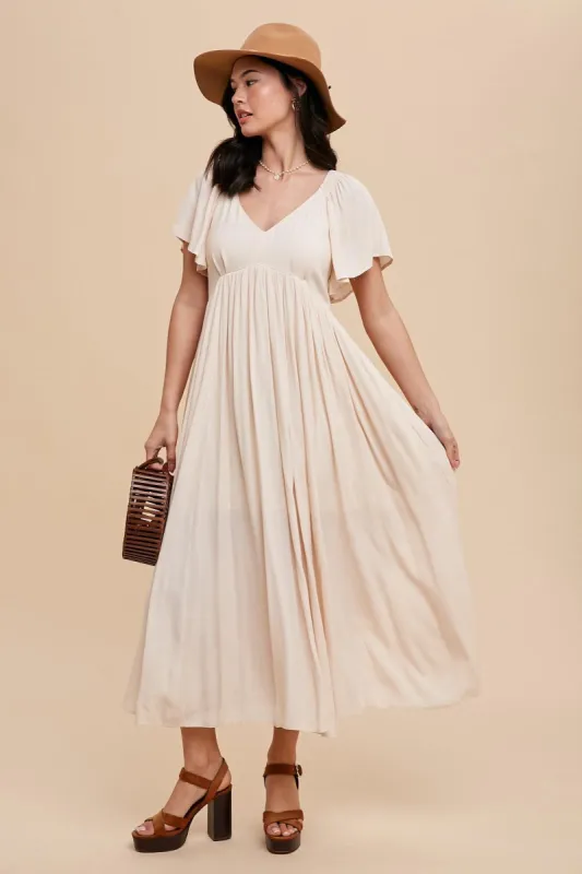 Cream V-Neck Flutter Short Sleeve Midi Dress sold by Pinkblush