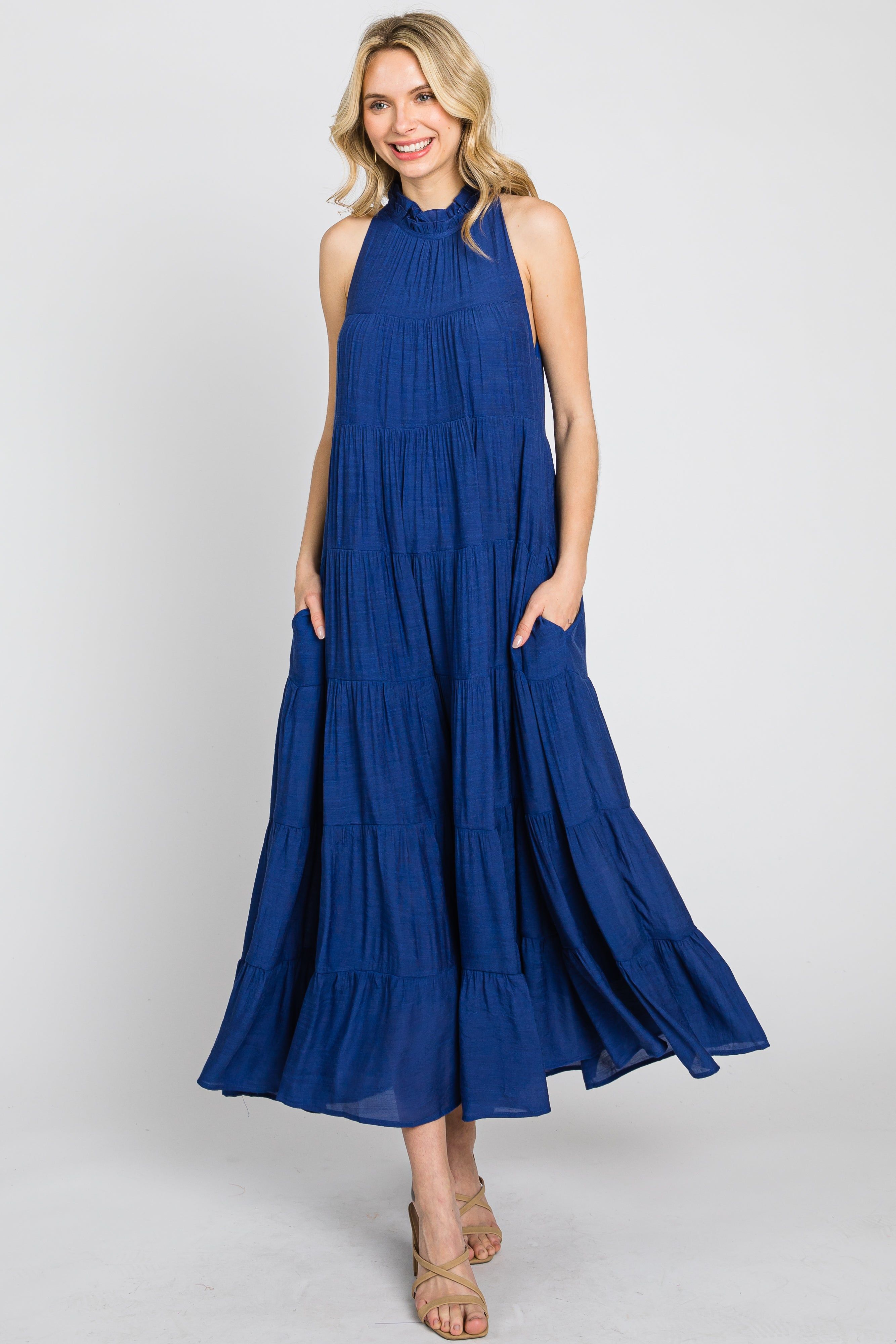 Navy Tiered High Neck Maxi Dress sold by Pinkblush product image thumbnail 2