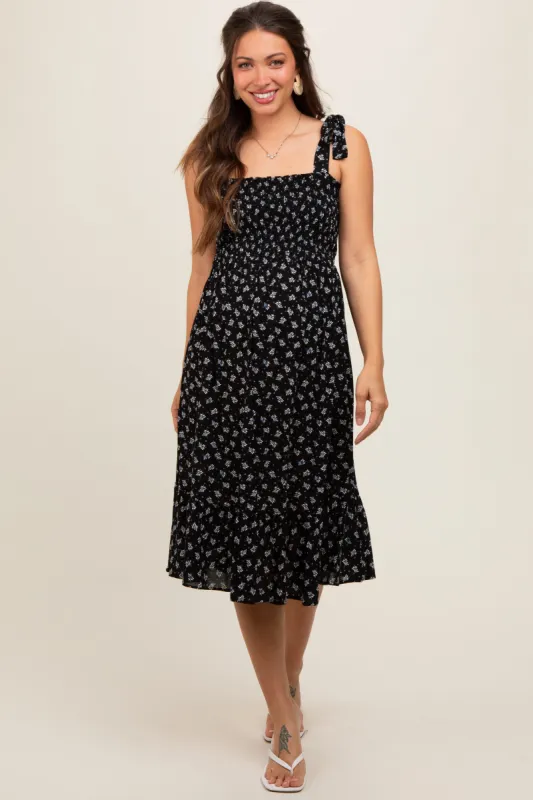 Black Floral Sleeveless Knotted Strap Maternity Dress sold by Pinkblush