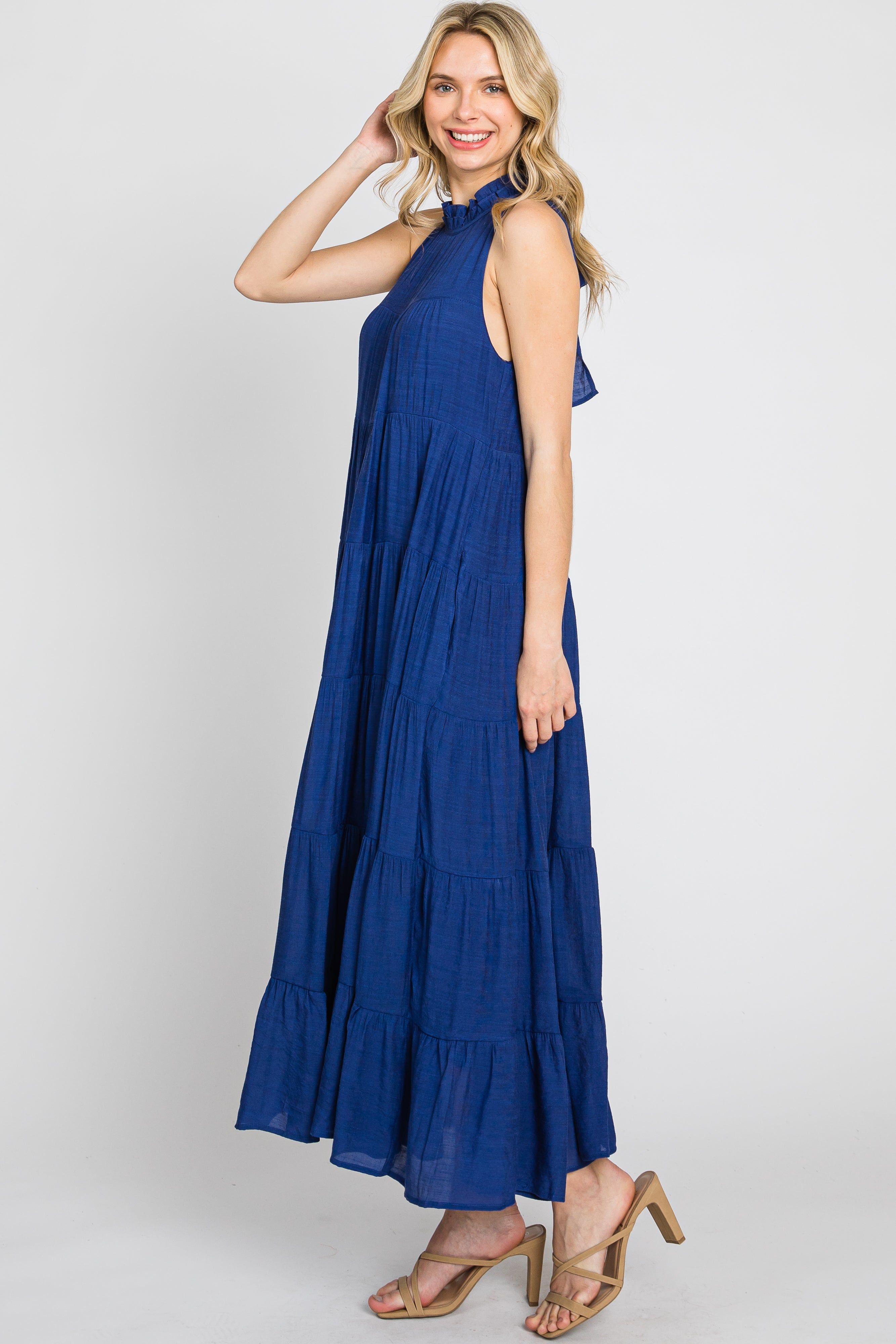 Navy Tiered High Neck Maxi Dress sold by Pinkblush product image thumbnail 3