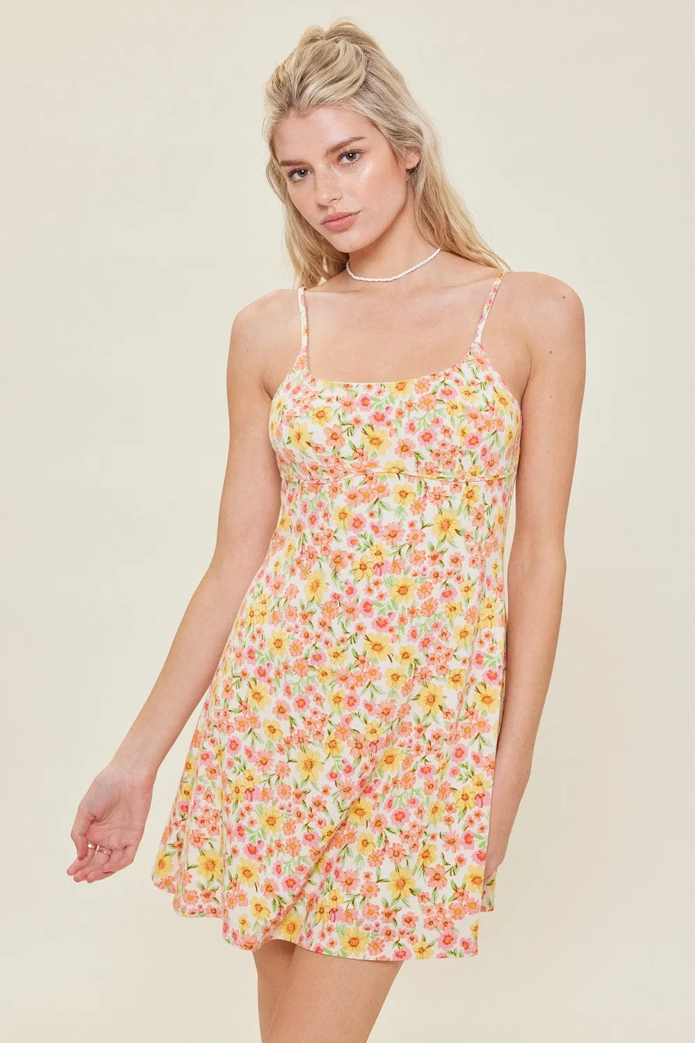 Orange Multi Floral Linen Blend Mini Dress sold by Pinkblush