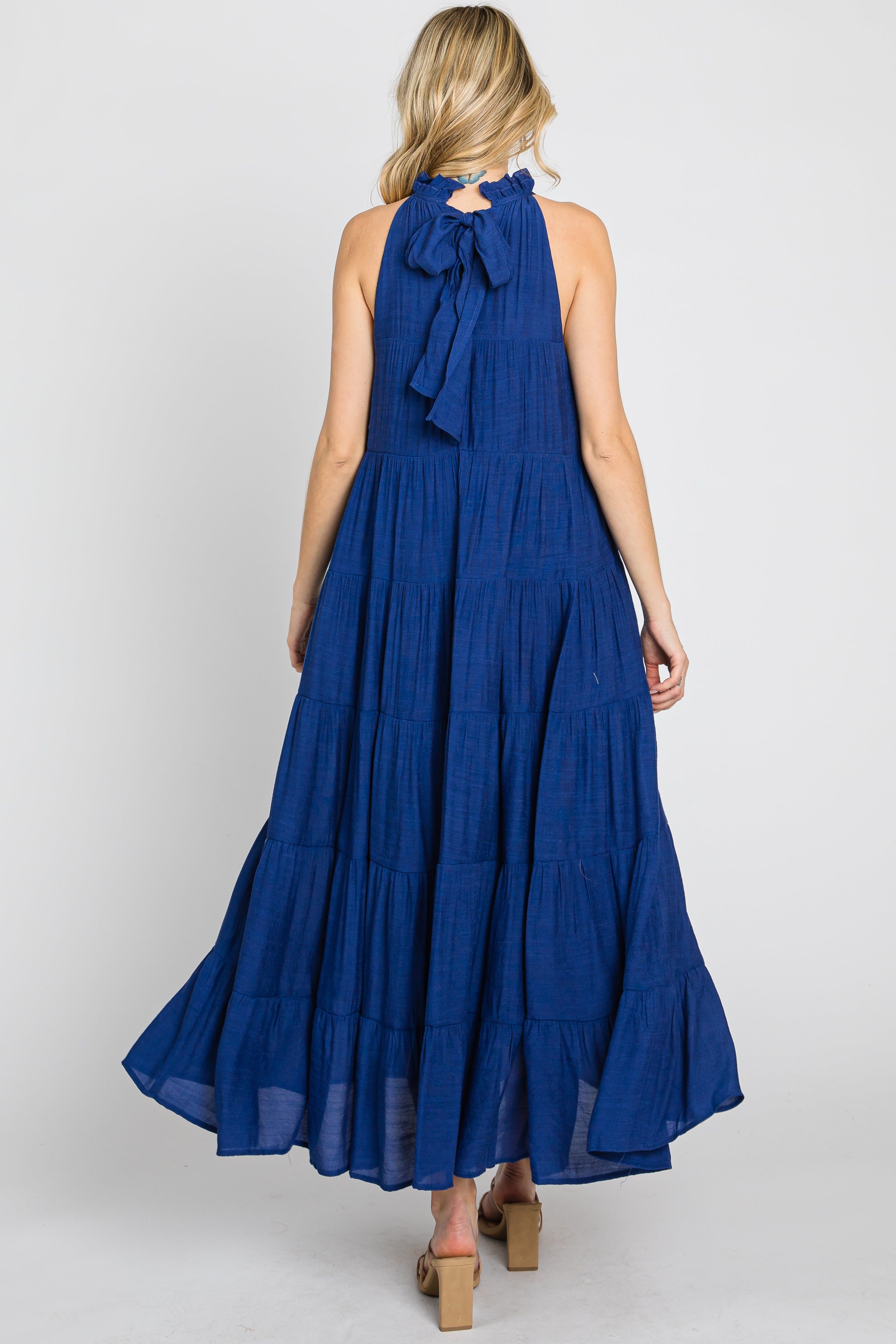 Navy Tiered High Neck Maxi Dress sold by Pinkblush product image thumbnail 4