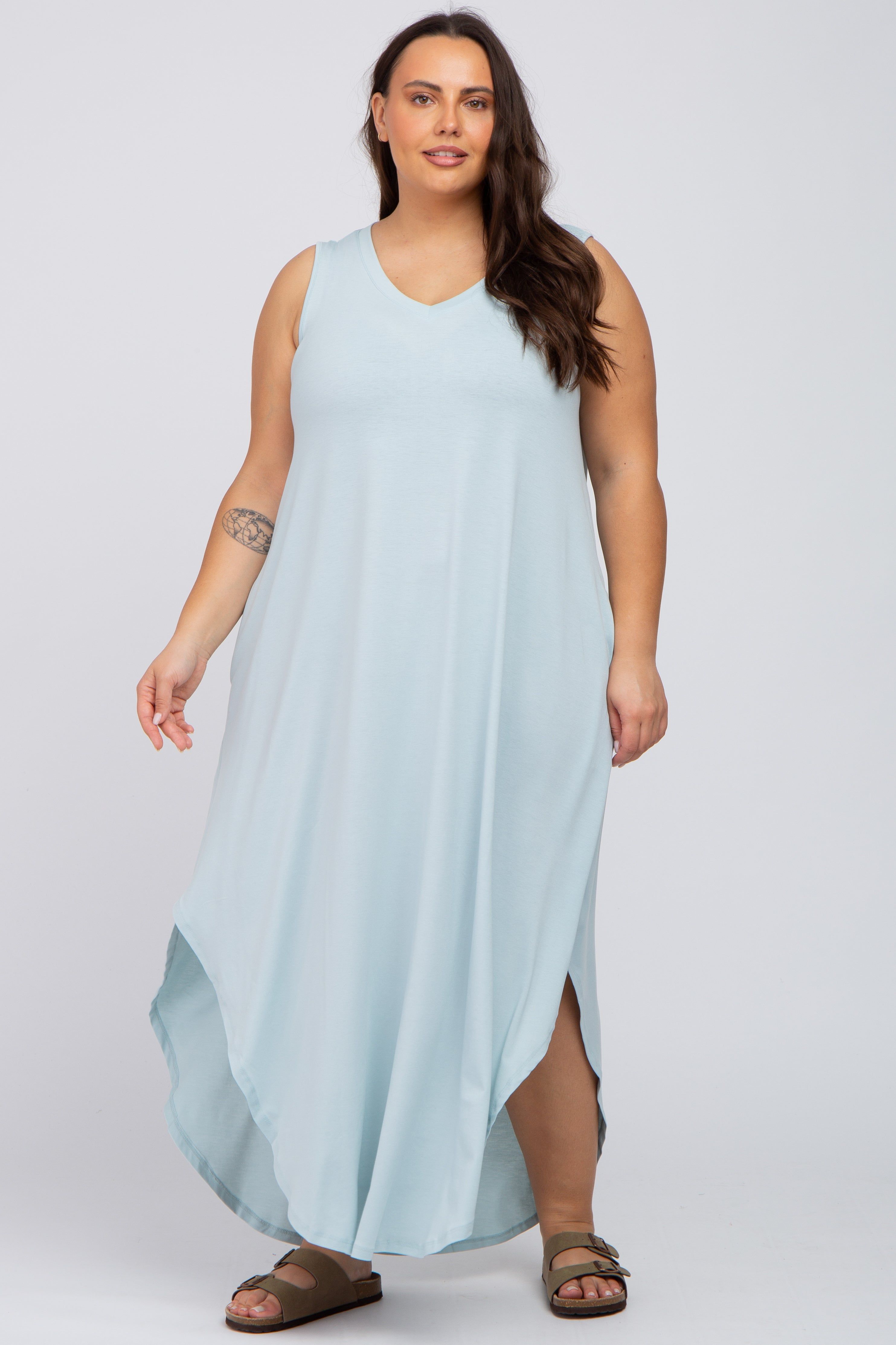 Light Blue V-Neck Basic Plus Maxi Dress sold by Pinkblush