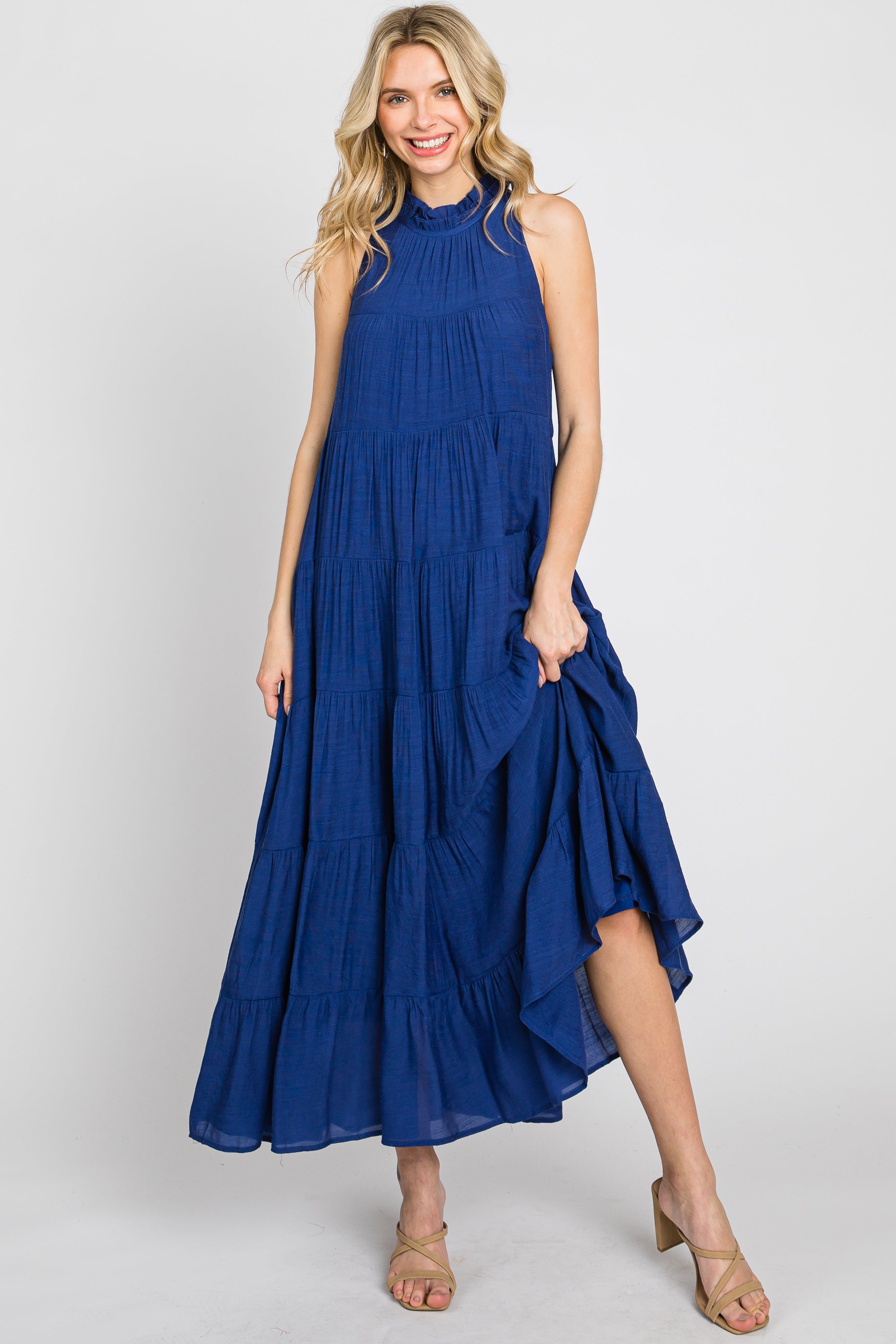 Navy Tiered High Neck Maxi Dress sold by Pinkblush