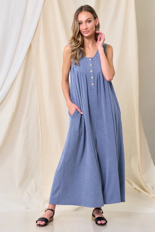 Blue Ribbed Sleeveless Button Front Jumpsuit sold by Pinkblush