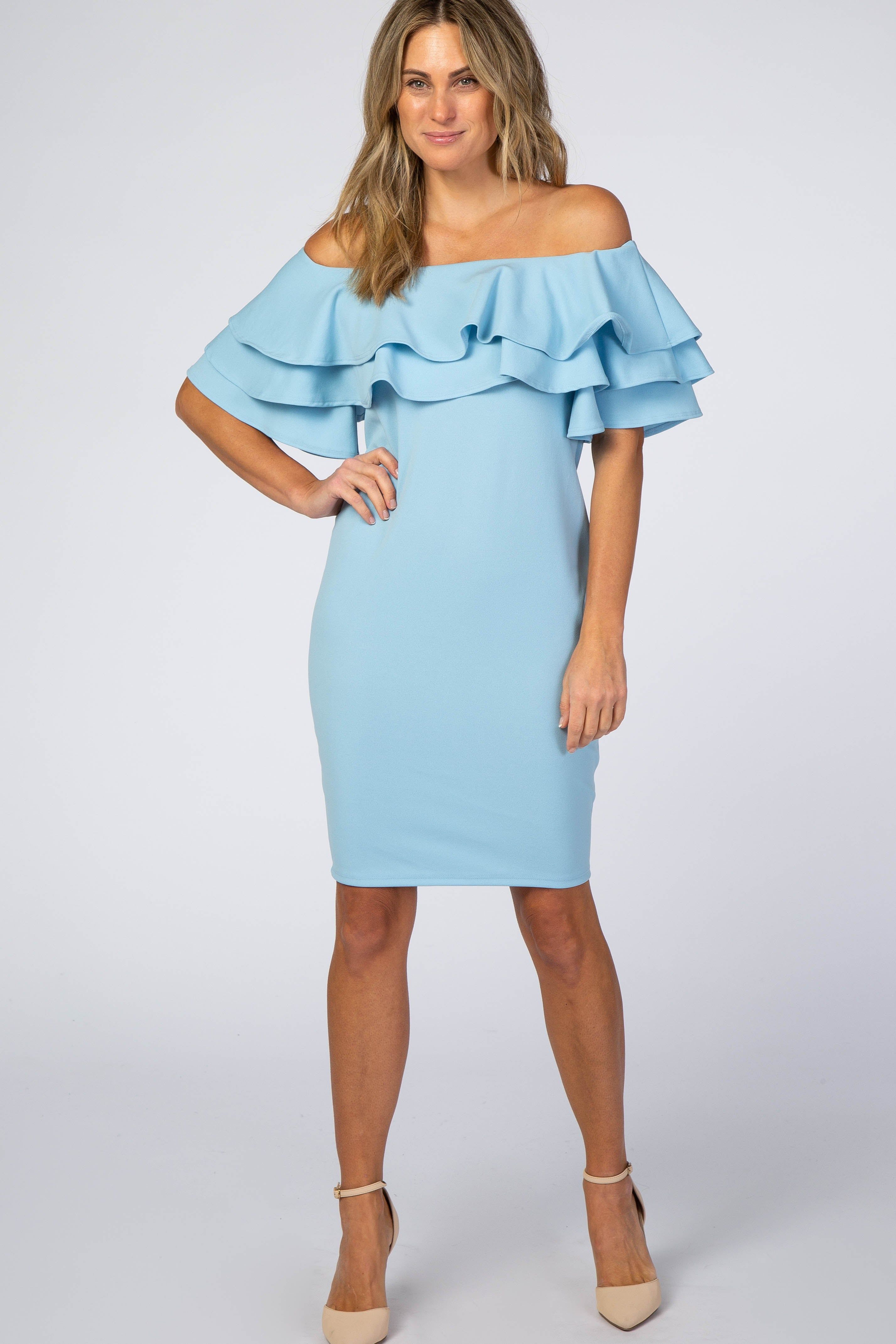 Turquoise Layered Ruffle Off Shoulder Fitted Dress sold by Pinkblush product image thumbnail 2