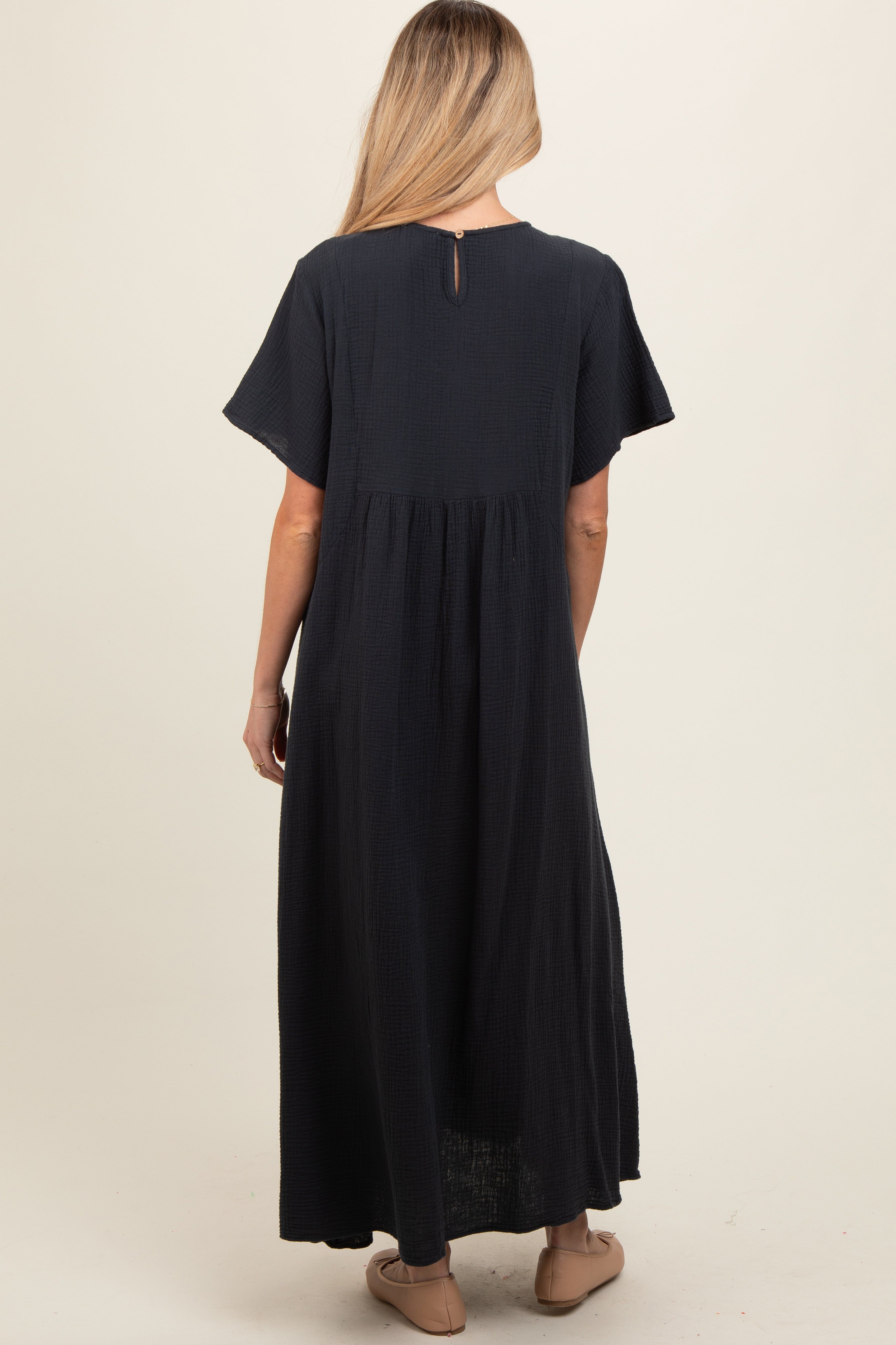 Charcoal Gauze Short Sleeve Maternity Midi Dress sold by Pinkblush product image thumbnail 3