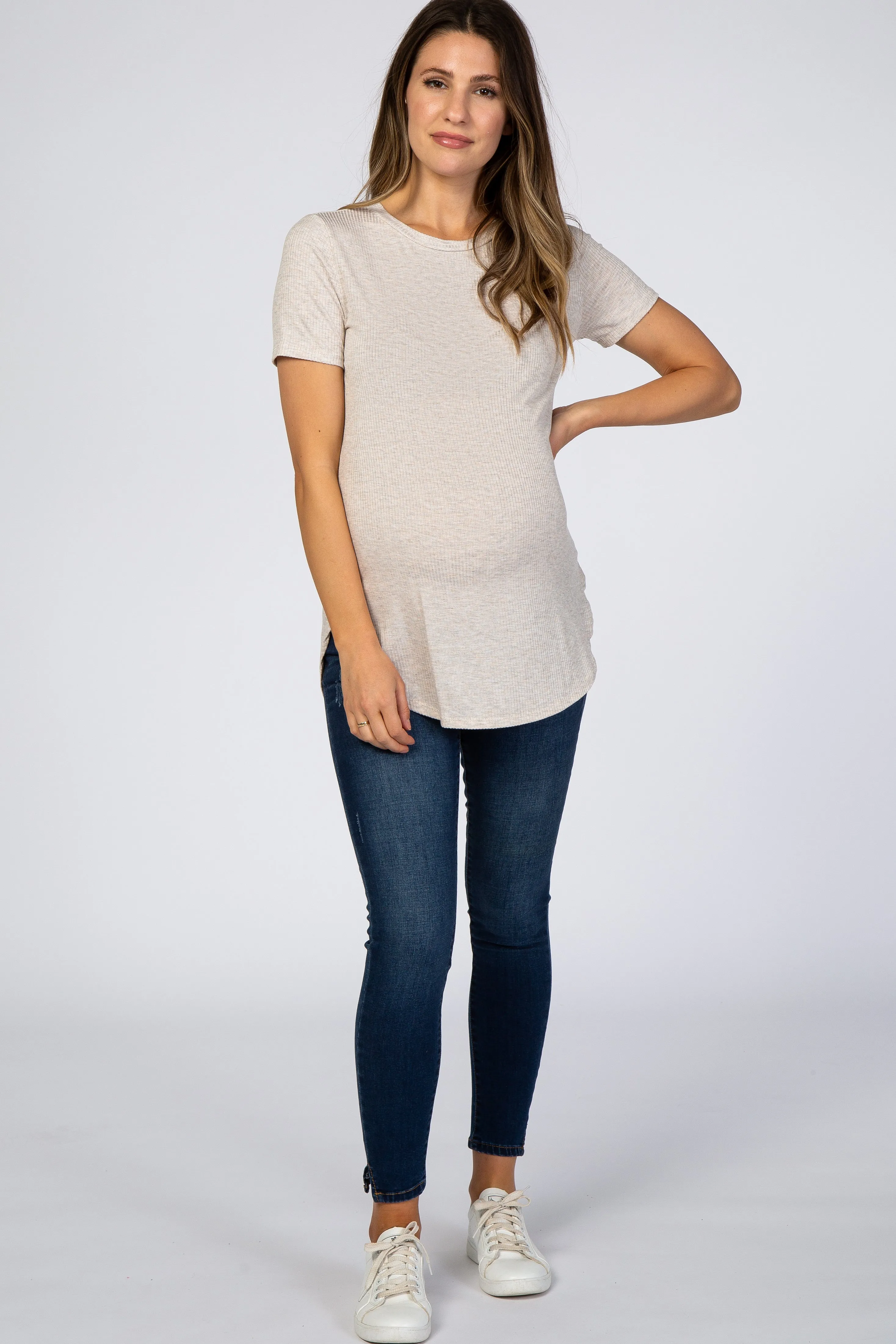 Beige Ribbed Round Hem Maternity Top sold by Pinkblush product image thumbnail 4