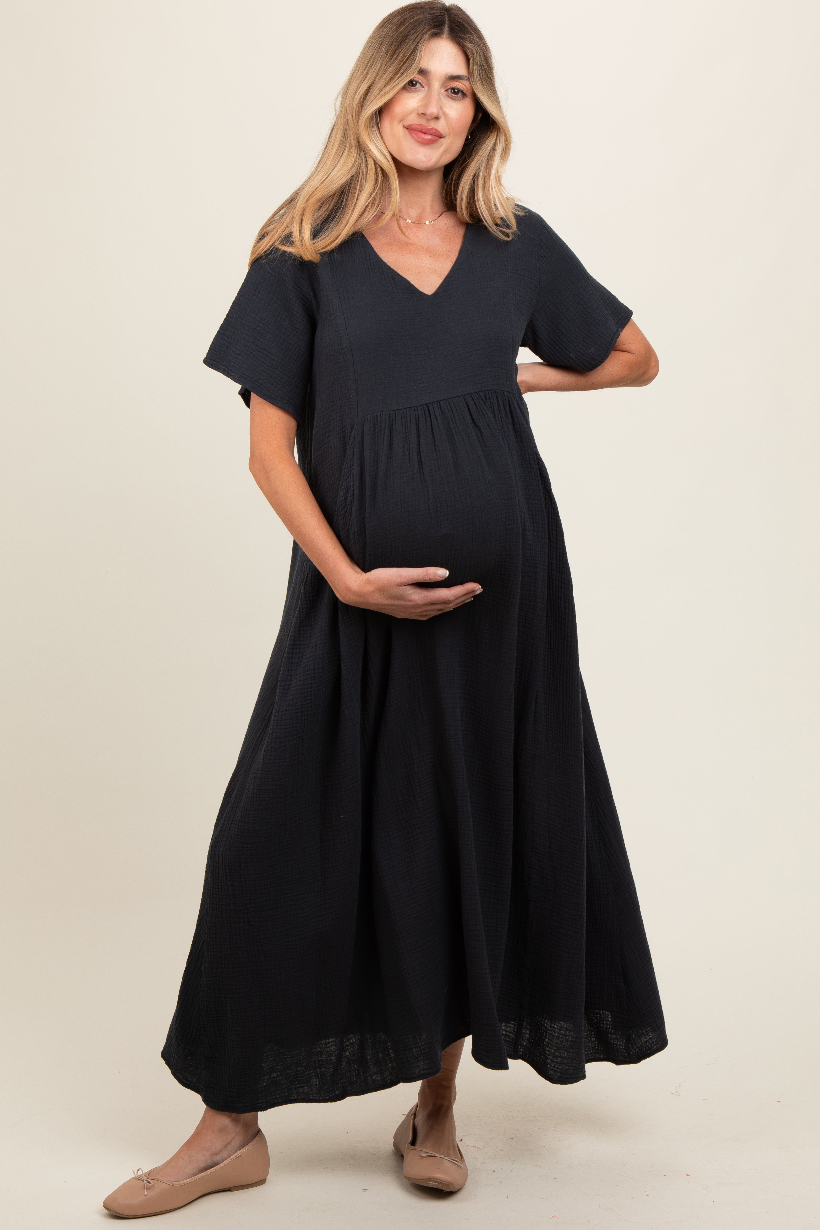 Charcoal Gauze Short Sleeve Maternity Midi Dress sold by Pinkblush