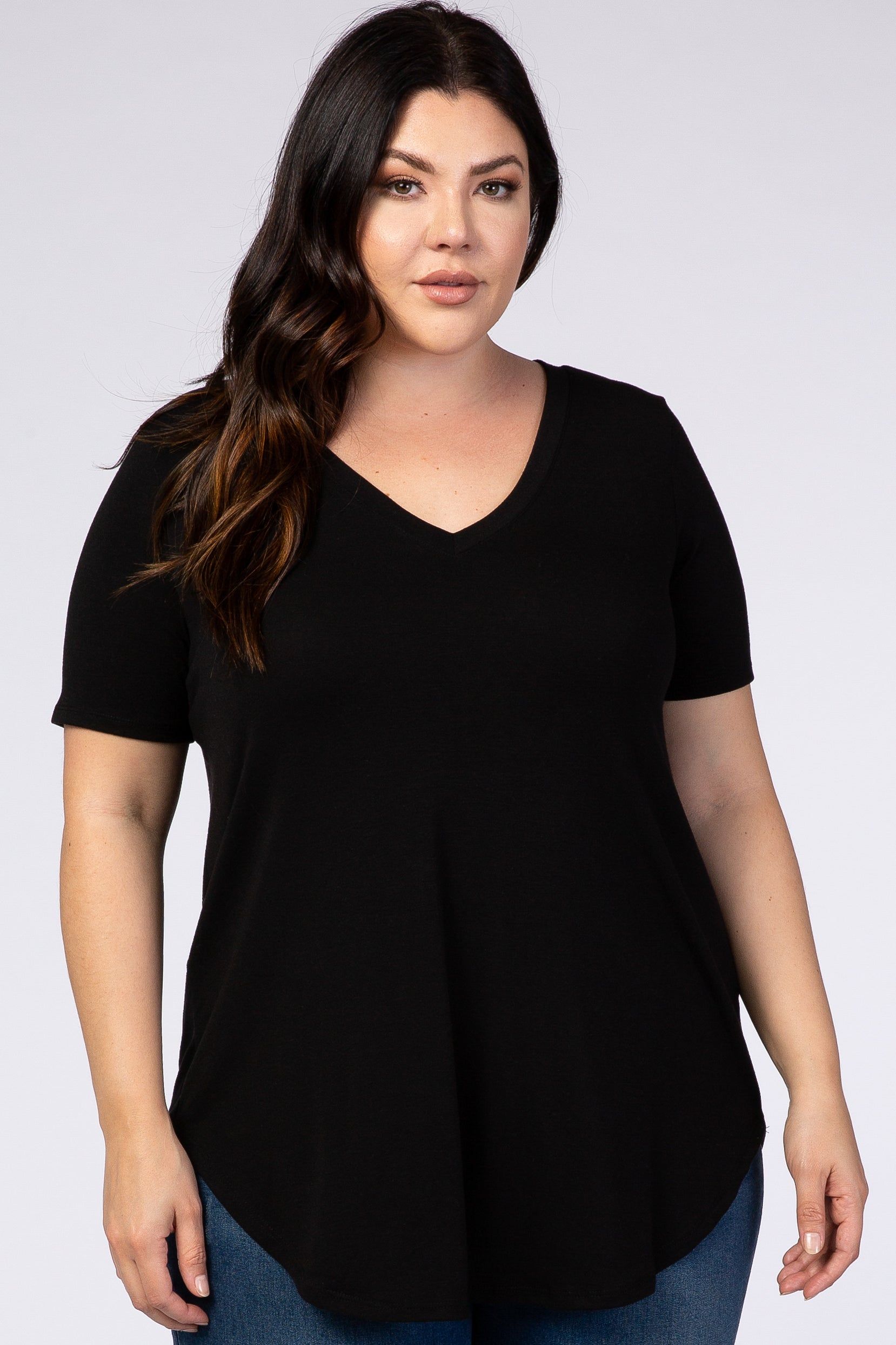 Black V-Neck Short Sleeve Plus Top sold by Pinkblush