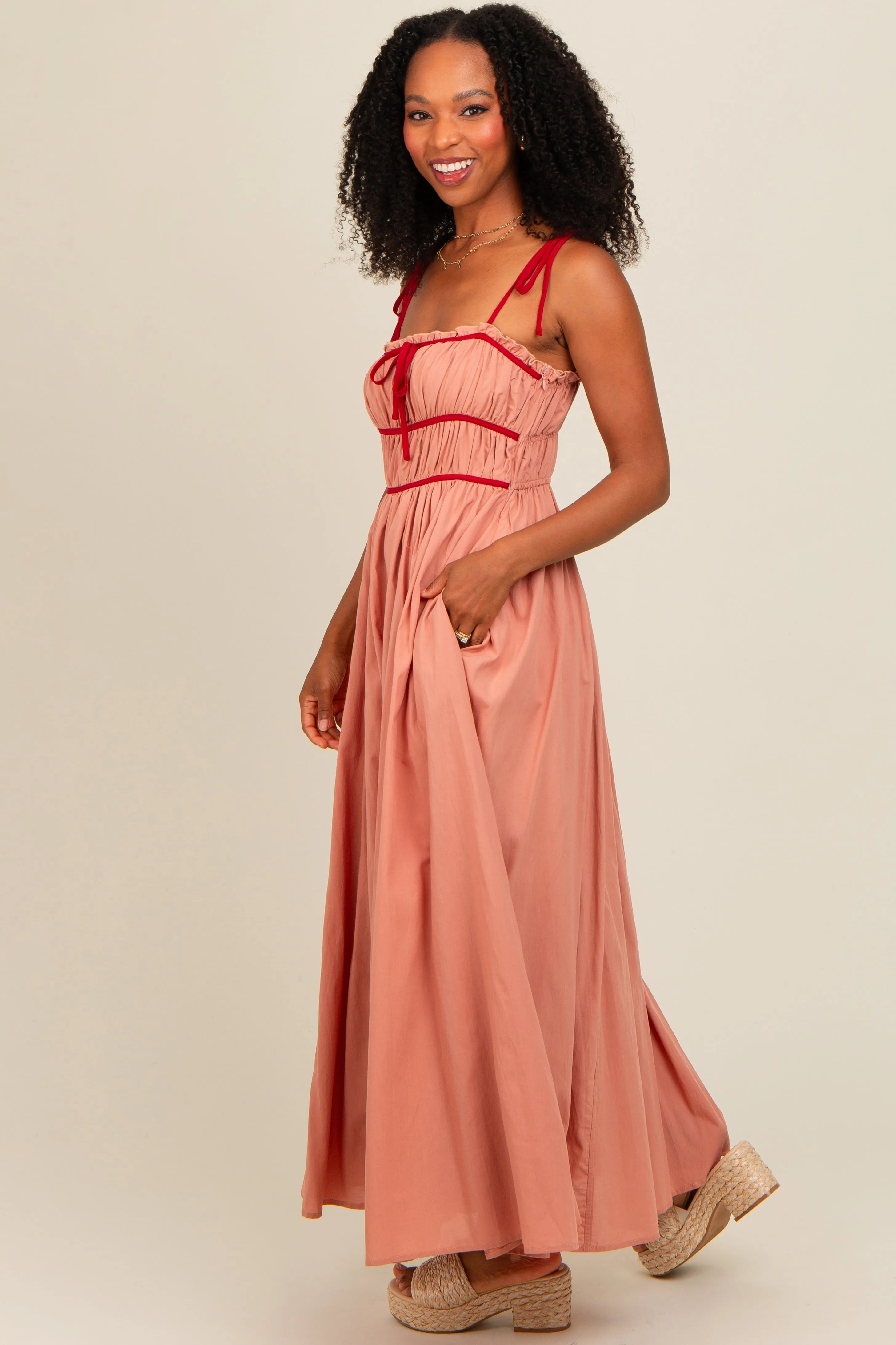 Salmon Contrast Ribbon Trim Maxi Dress sold by Pinkblush product image thumbnail 3