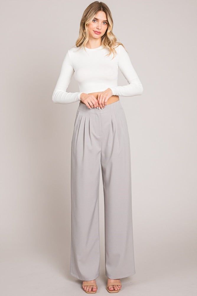 Heather Grey Twill Darted Wide Leg Pants sold by Pinkblush
