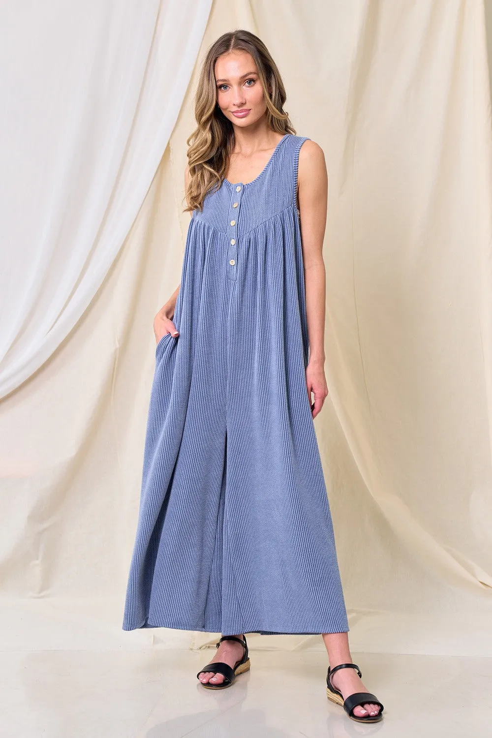 Blue Ribbed Sleeveless Button Front Jumpsuit sold by Pinkblush product image thumbnail 2