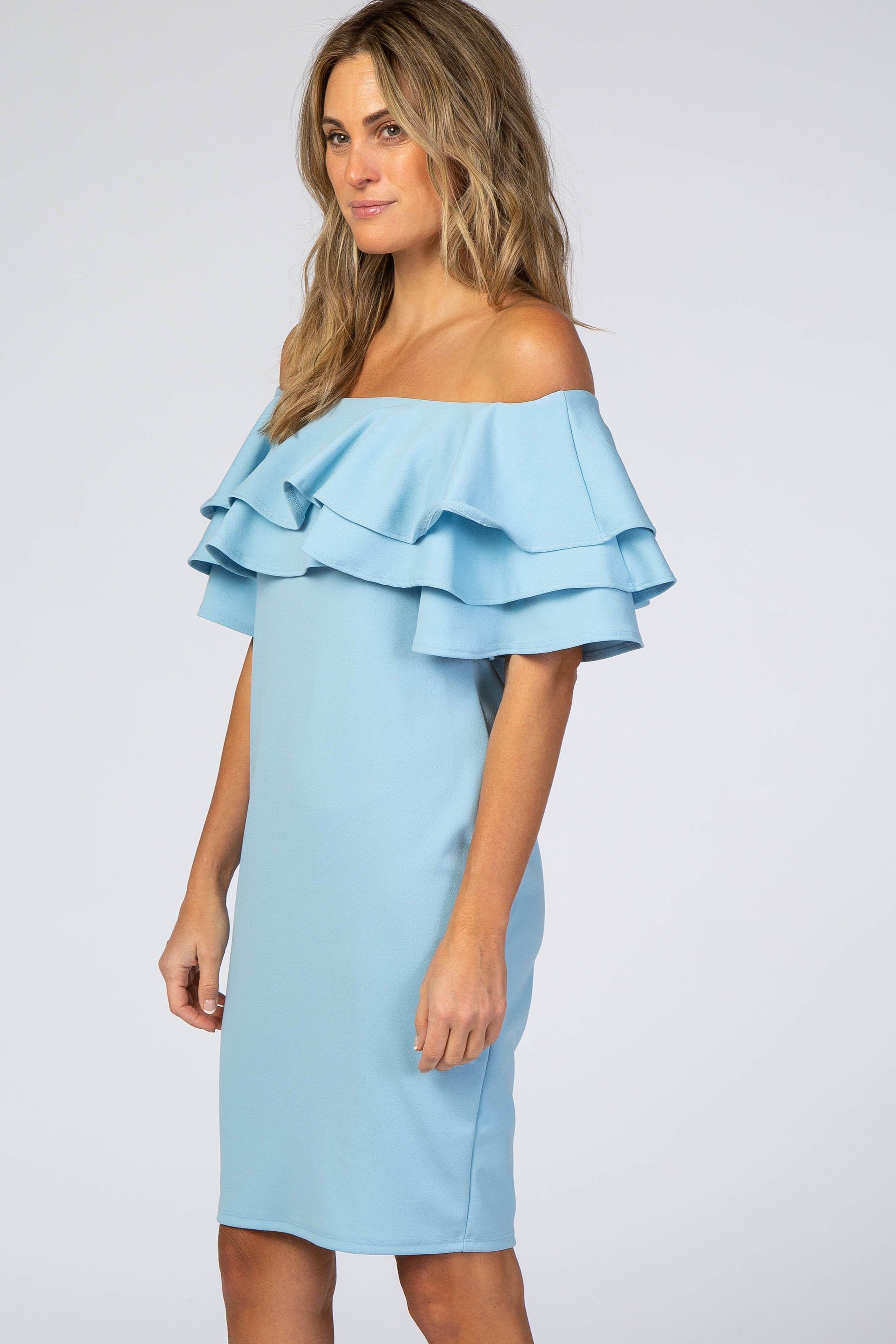Turquoise Layered Ruffle Off Shoulder Fitted Dress sold by Pinkblush product image thumbnail 3