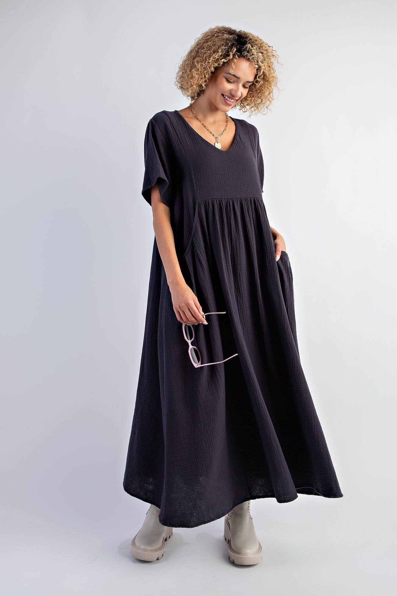 Charcoal Gauze Short Sleeve Maternity Midi Dress sold by Pinkblush product image thumbnail 4