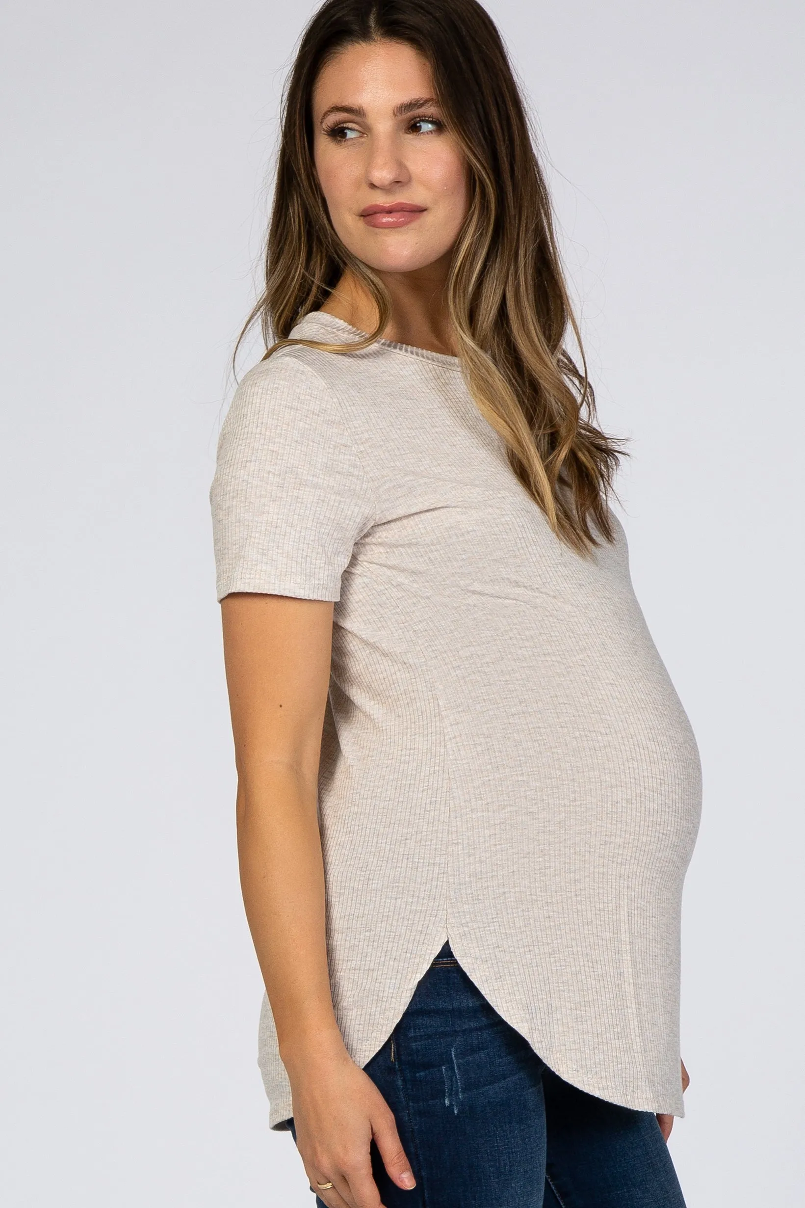 Beige Ribbed Round Hem Maternity Top sold by Pinkblush product image thumbnail 2